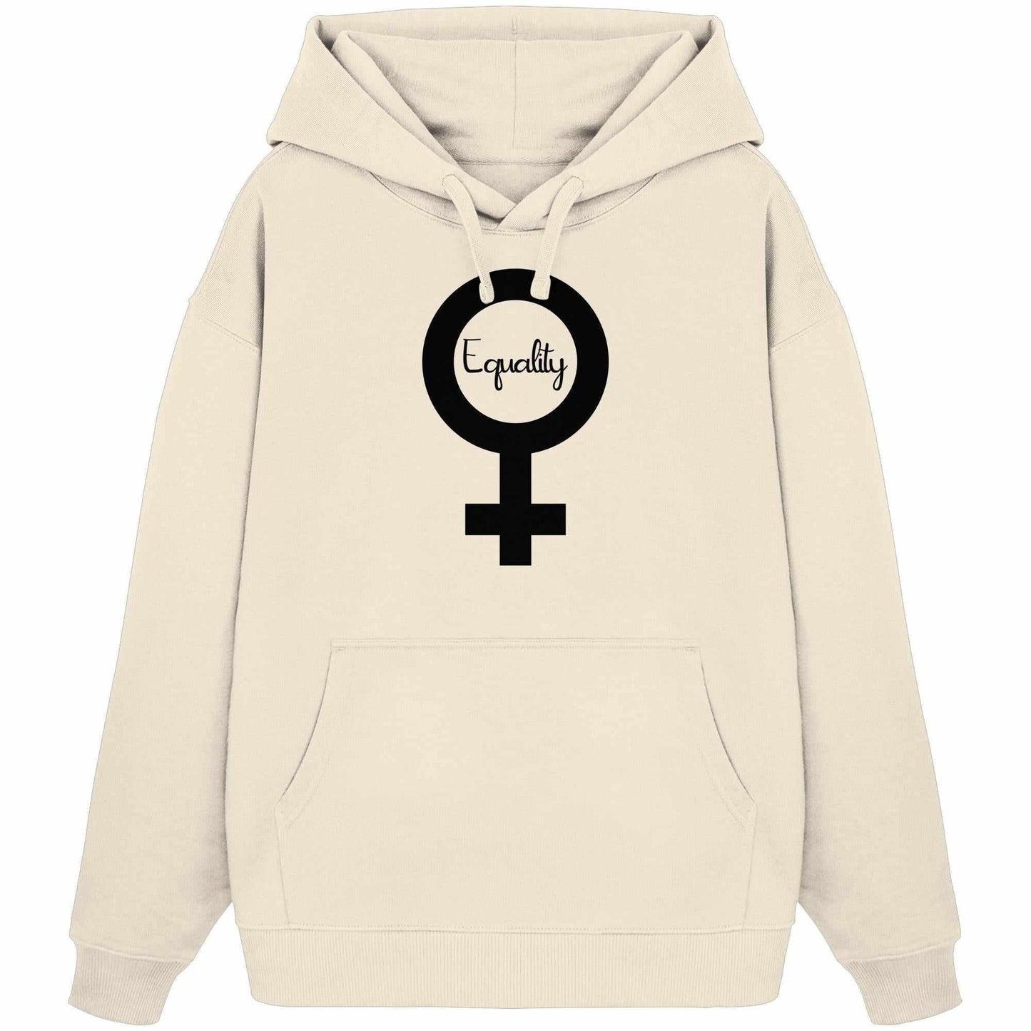 Vegan und Bio Oversized Hoodie: Feminismus - Der Kampf um Gleichberechtigung, weißer Hoodie mit schwarzem Symbol, Kapuze, aus 100% Bio-Baumwolle von RUDE REBEL.