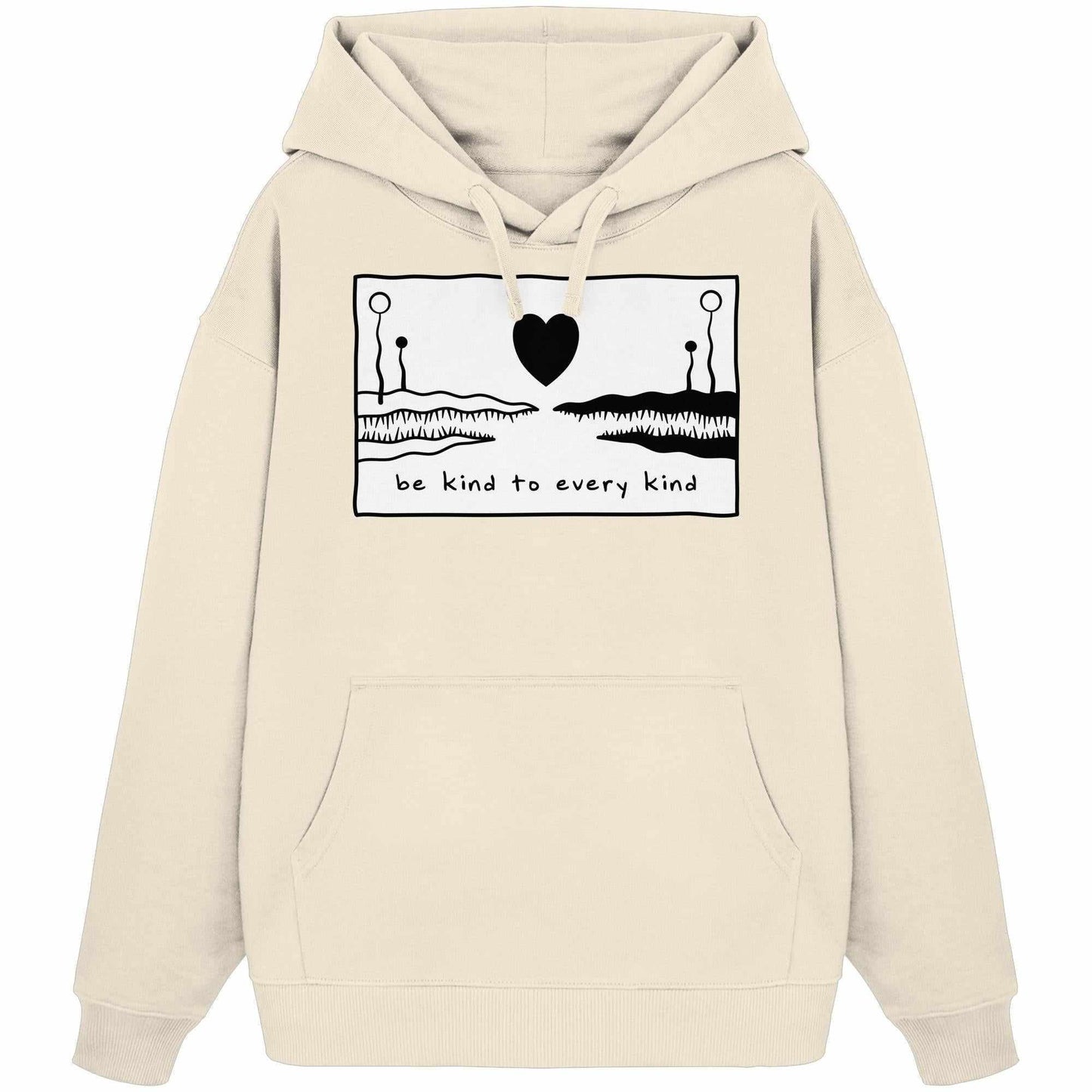 Vegan und Bio Oversized Hoodie: Be kind to every kind, weiß mit Herzmotiv, gefertigt aus 100% Bio-Baumwolle, oversized Schnitt, Kängurutasche, Kapuze.