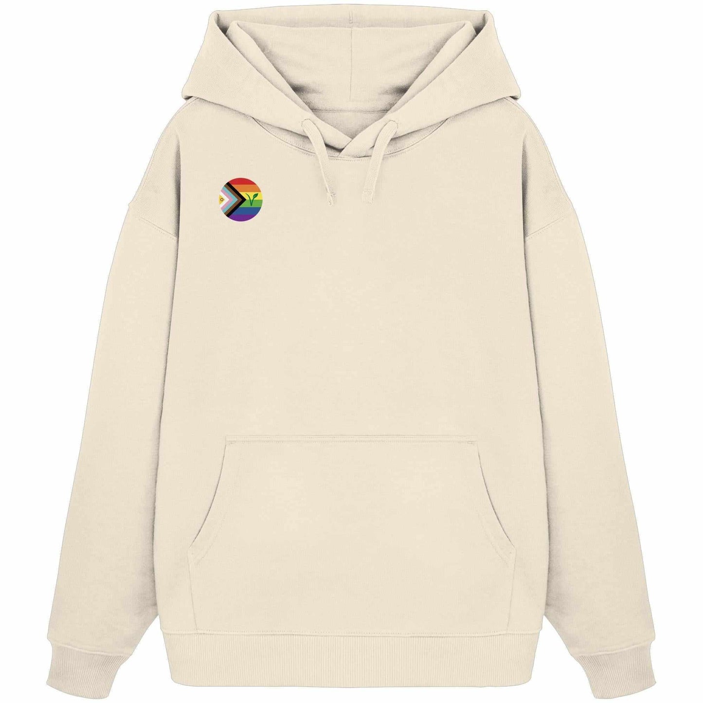 Vegan und Bio Oversized Hoodie: LGBTQIA+ VEGAN mit Regenbogen-Logo und Pflanzenmotiv, weiß, aus 100% Bio-Baumwolle, mit Kapuze und Kängurutasche.