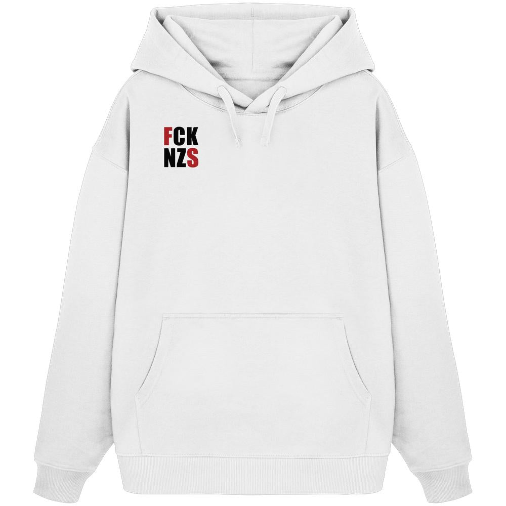 Vegan und Bio Oversized Hoodie: FCK NZS mit roten Highlights, weiße Kapuze, Kängurutasche, aus 100% Bio-Baumwolle, rebellisches Statement für nachhaltige und vegane Mode.