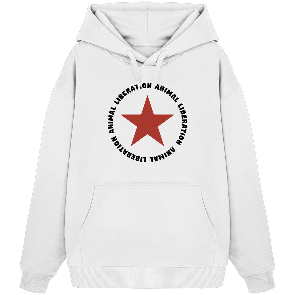 Vegan und Bio Oversized Hoodie mit rotem Stern und Animal Liberation-Design, gefertigt aus 100% Bio-Baumwolle, mit Kapuze und Kängurutasche.