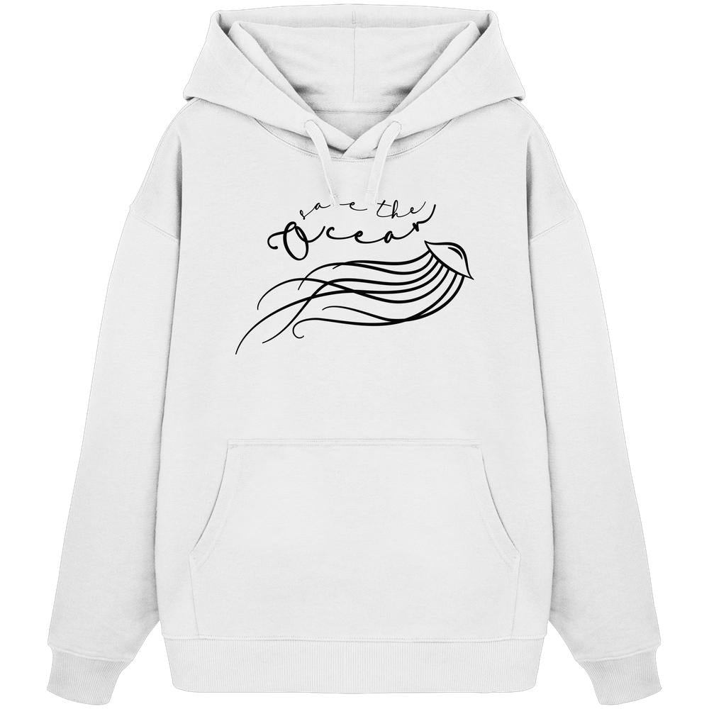 Vegan und Bio Oversized Hoodie mit Quallenmotiv und Save the Ocean-Aufdruck, aus 100% Bio-Baumwolle, Kapuze und Kängurutasche, von RUDE REBEL.