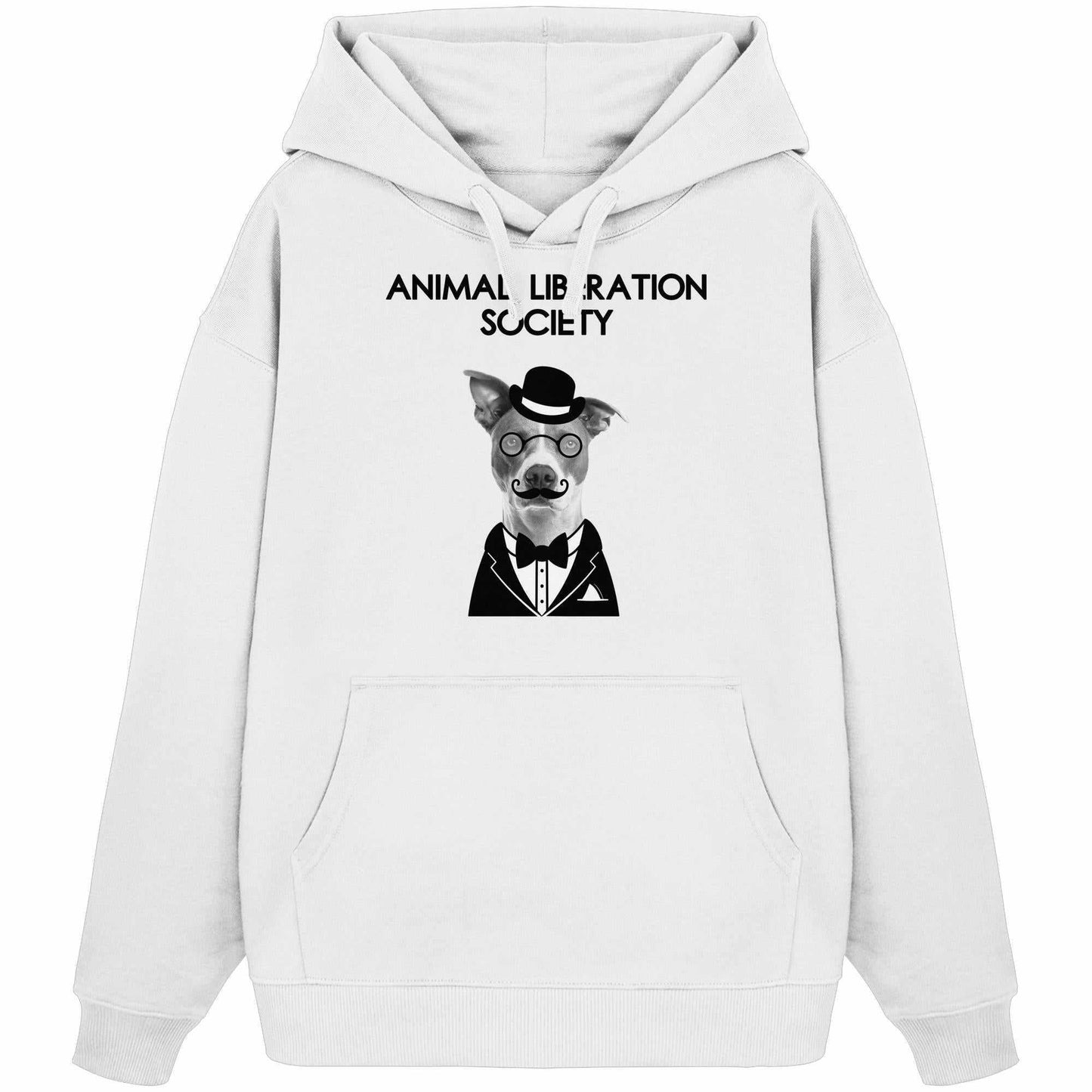 Vegan und Bio Oversized Hoodie: Mr. Dog - Animal Liberation Society, zeigt einen Hund mit Brille, Hut und Fliege auf einem weißen Sweatshirt, aus 100% Bio-Baumwolle.