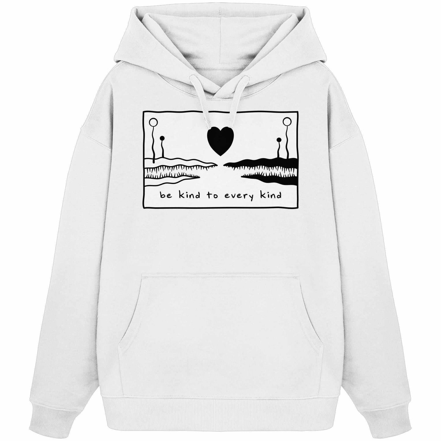 Vegan und Bio Oversized Hoodie: Be kind to every kind, zeigt ein Herzmotiv und ein Bild, gefertigt aus 100% Bio-Baumwolle, mit Kängurutasche und Kapuze.