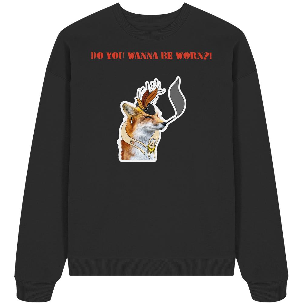 Vegan und Bio Oversized Sweatshirt mit Mrs. Fox, die gegen Pelz protestiert. Schwarzer Pullover, Fuchsmotiv mit Hut, aus 100% Bio-Baumwolle.