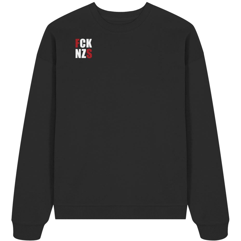 Vegan und Bio Oversized Sweatshirt: FCK NZS mit roten Highlights, schwarzer Pulli mit klarer Aussage auf der Brust, aus 100% Bio-Baumwolle, rebellisches Design von RUDE REBEL.
