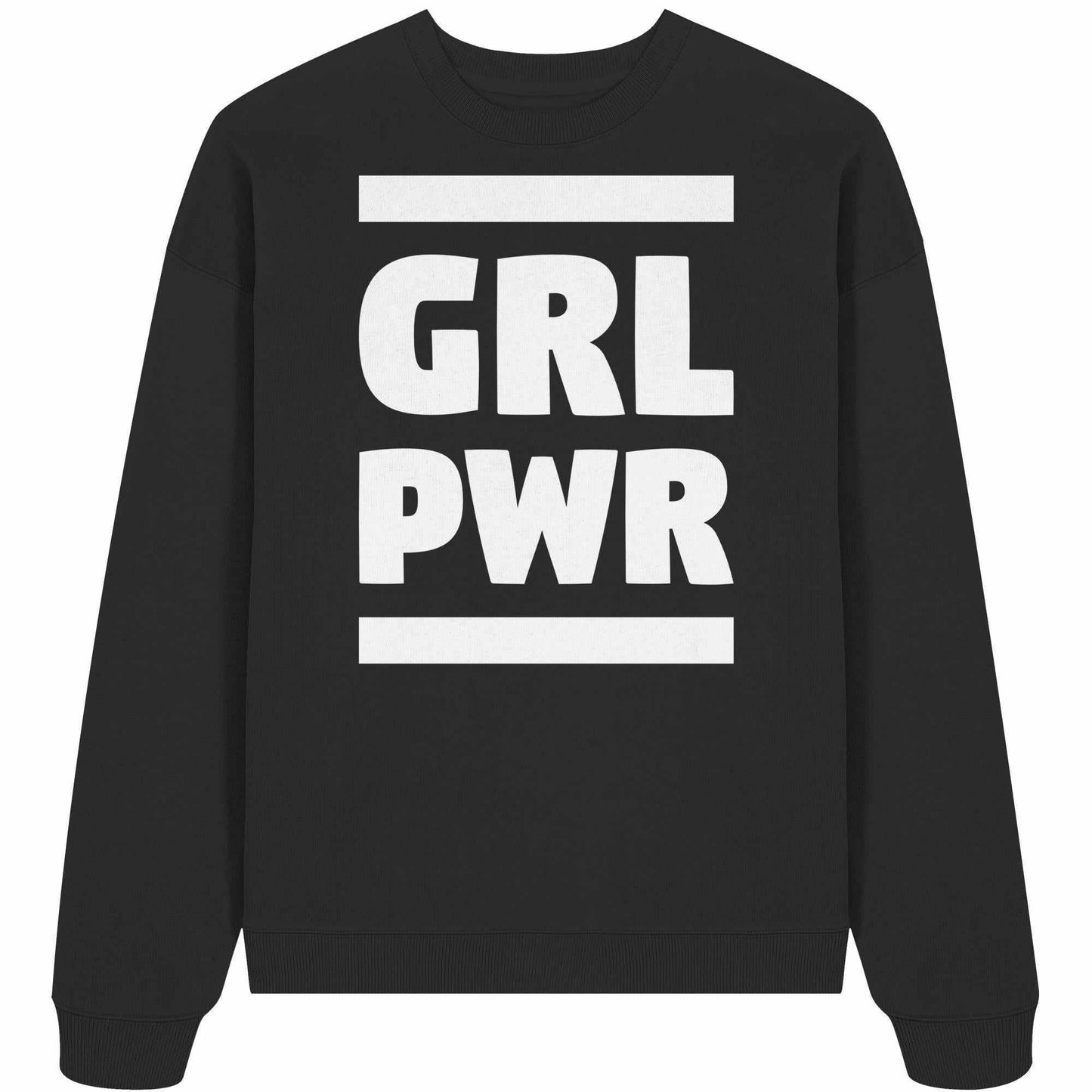 Vegan und Bio Oversized Sweatshirt: GIRL POWER - Schwarzes Sweatshirt mit weißem feministischen Text, aus 100% Bio-Baumwolle, oversized Schnitt, von RUDE REBEL.