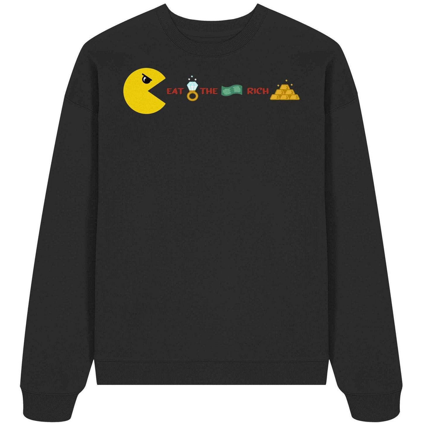 Vegan und Bio Oversized Sweatshirt: PAC-MAN - Eat the rich, zeigt gelben Pac-Man und Pyramidenmotiv, aus 100% Bio-Baumwolle, rebellisches Design von RUDE REBEL.