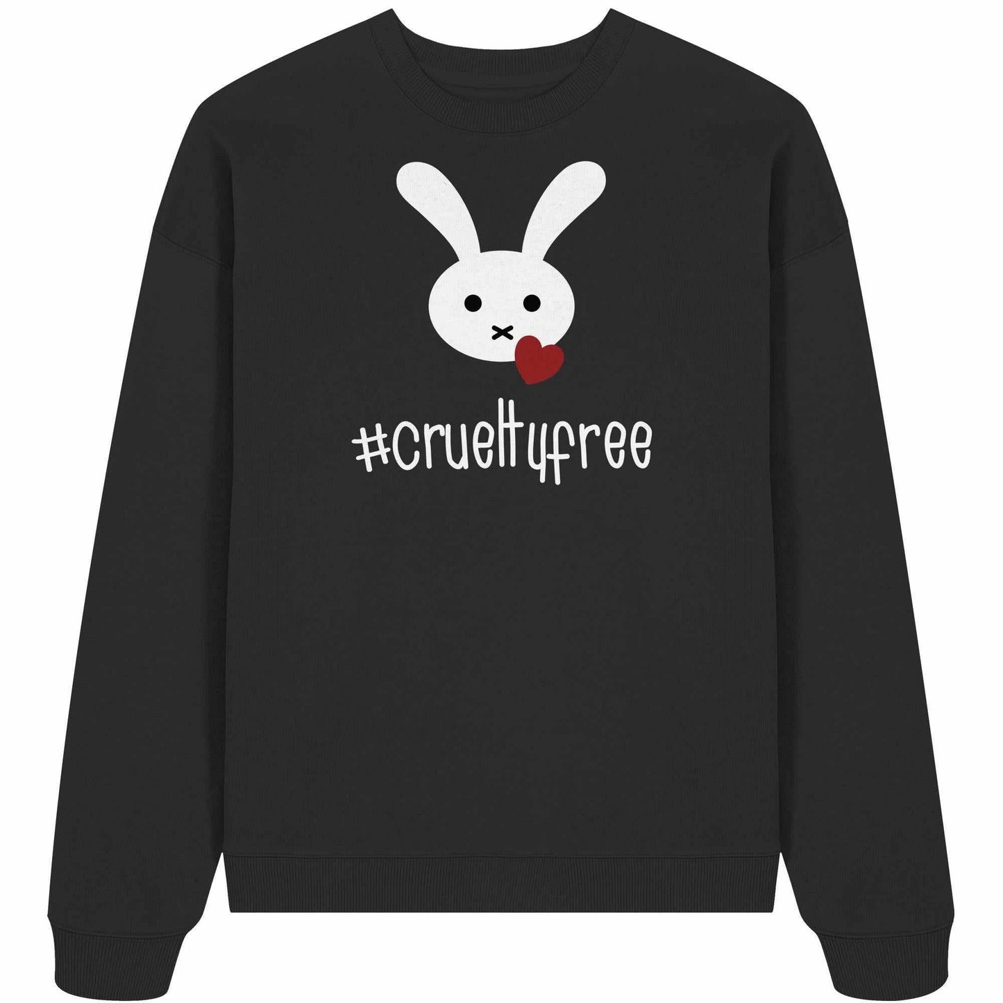 Vegan und Bio Oversized Sweatshirt: Crueltyfree Bunny BIG zeigt einen weißen Hasen mit rotem Herzmotiv, aus 100% Bio-Baumwolle, betont Tierschutz und Nachhaltigkeit.