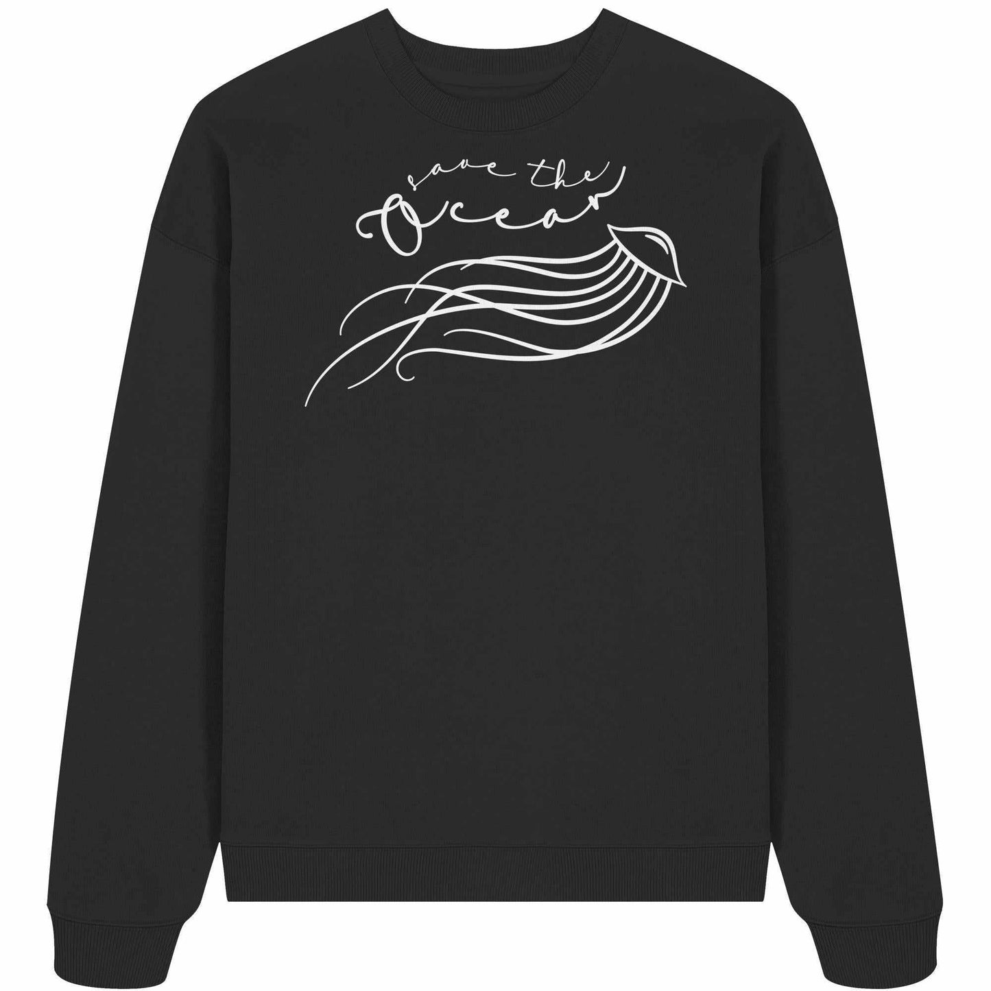Vegan und Bio Oversized Sweatshirt mit filigranem Quallen-Design und Aufruf Save the Ocean, aus 100% Bio-Baumwolle. Nachhaltiger Stil von RUDE REBEL.