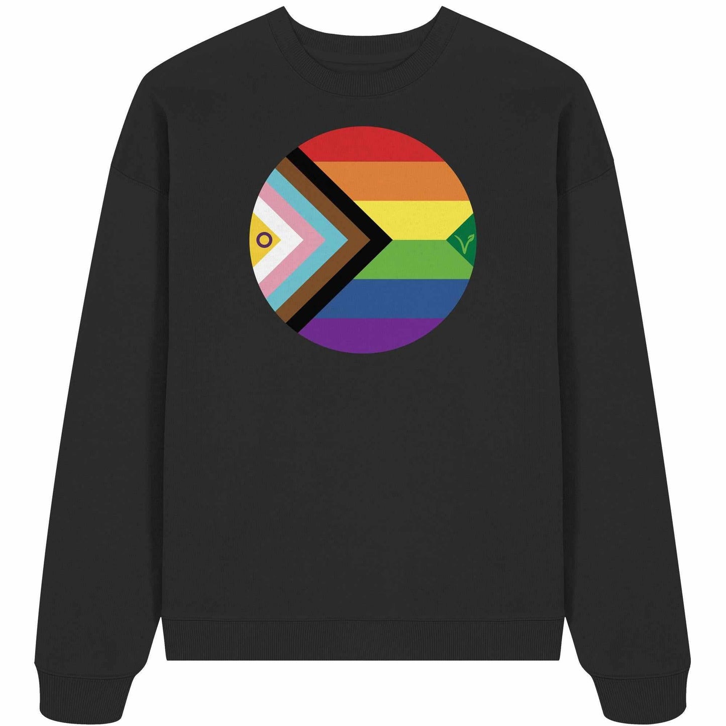 Vegan und Bio Oversized Sweatshirt: LGBTQAI+ Veganismus, schwarzes Sweatshirt mit Regenbogenkreis und grünem Blatt, aus 100% Bio-Baumwolle, rebellisches Design von RUDE REBEL.
