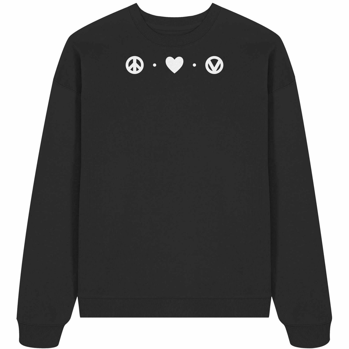 Vegan und Bio Oversized Sweatshirt: Love - Peace - Veganism, schwarzer Pullover mit weißen Peace- und Herzsymbolen, aus 100% Bio-Baumwolle, von RUDE REBEL.