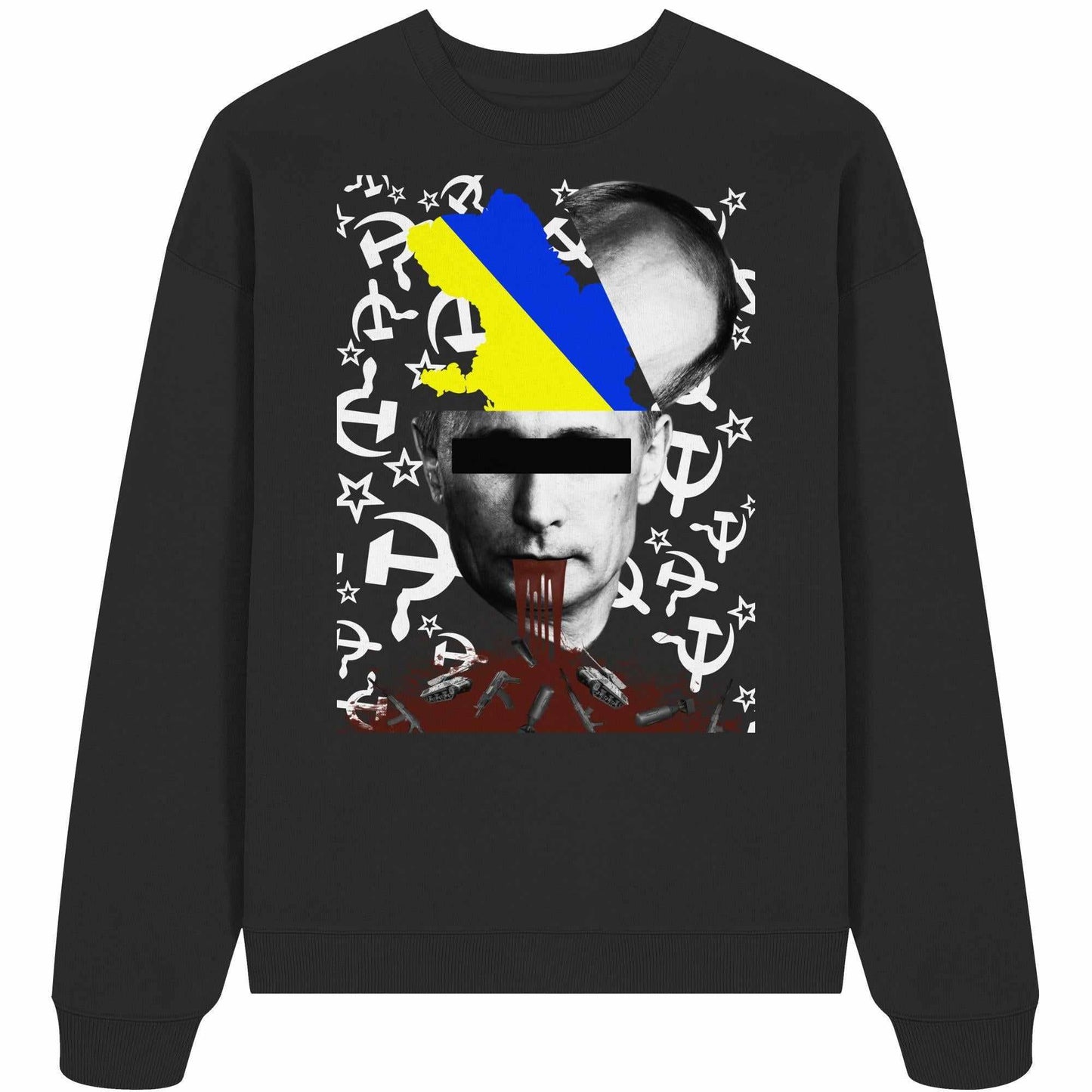 Vegan und Bio Oversized Sweatshirt: STOP WAR IN UKRAINE! mit Gesichtsgrafik und Symbolen, aus 100% Bio-Baumwolle, rebellisches Design für Friedensbotschaft.
