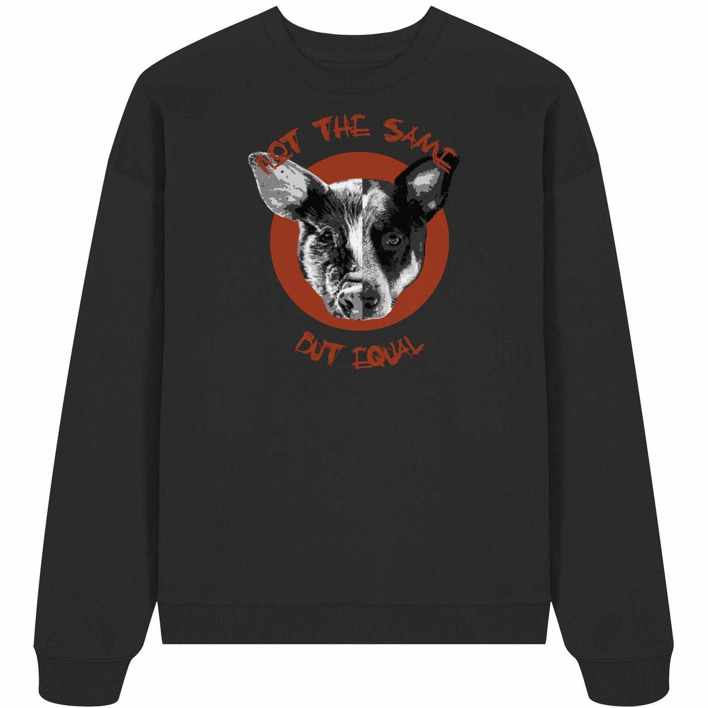 Vegan und Bio Oversized Sweatshirt mit digitaler Collage von Hund und Schwein, thematisiert Tierrechte und Veganismus. Hergestellt aus 100% Bio-Baumwolle.