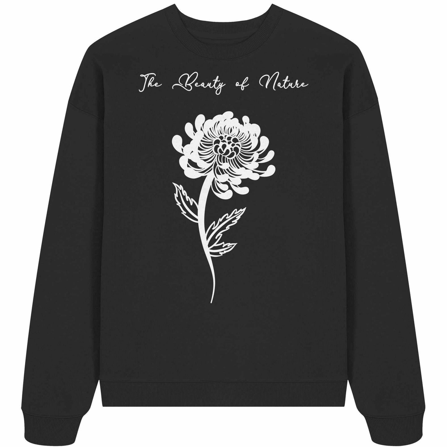 Vegan und Bio Oversized Sweatshirt: Chrysantheme mit weißer Blume auf schwarzem Hintergrund. Aus 100% Bio-Baumwolle, ideal für Naturschutzliebhaber.