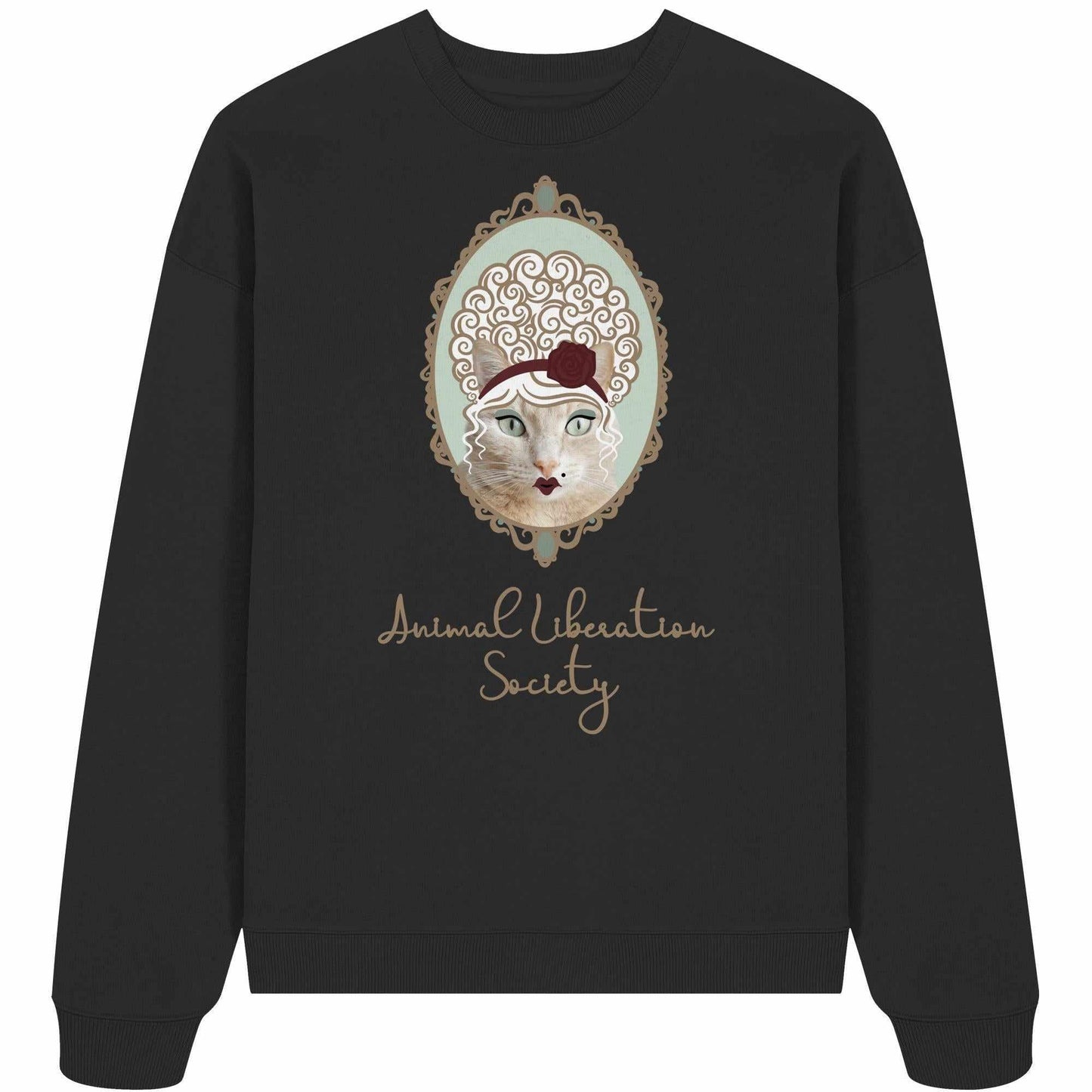 Vegan und Bio Oversized Sweatshirt: Miss Cat - Animal Liberation Society mit einem Katzenmotiv und einer Rose, aus 100% Bio-Baumwolle, designed von RUDE REBEL.