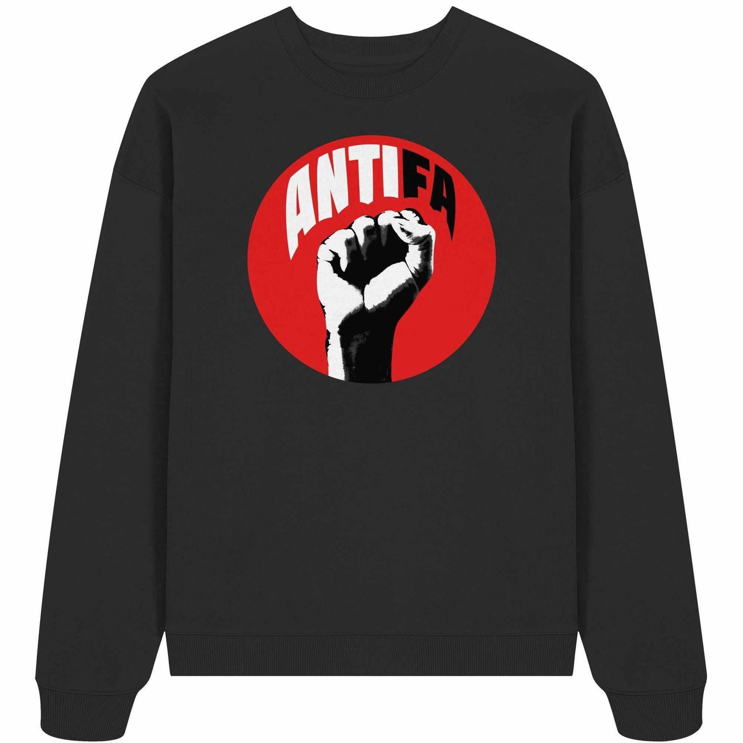 Vegan und Bio Oversized Sweatshirt: Antifa - Kampf gegen Rechts, mit erhobener Faust im roten Kreis, aus 100% Bio-Baumwolle, rebellisches Design von RUDE REBEL.
