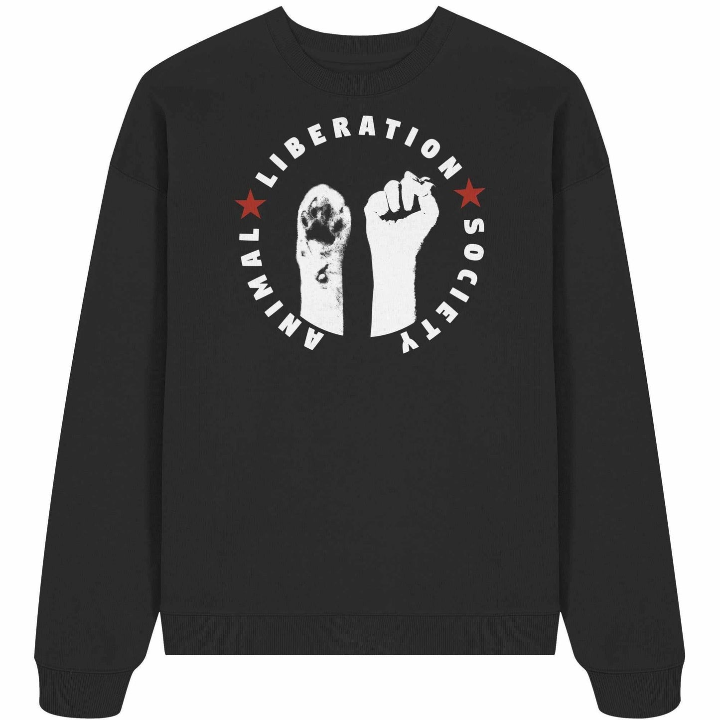 Vegan und Bio Oversized Sweatshirt: Motiv mit Faust und Pfote, symbolisiert Tierbefreiung, aus 100% Bio-Baumwolle.