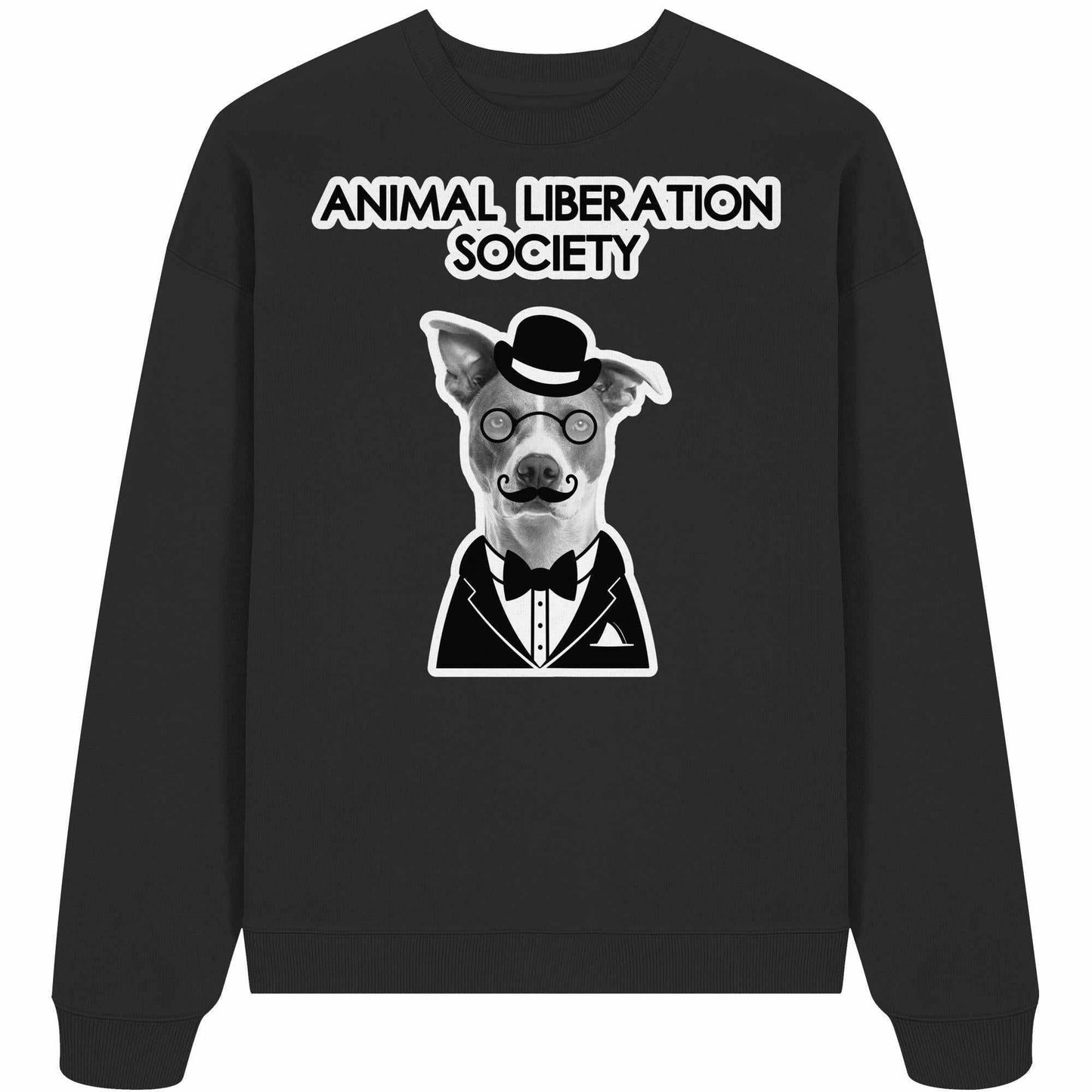 Vegan und Bio Oversized Sweatshirt: Mr. Dog - Animal Liberation Society mit Hundemotiv, Hut, Schnurrbart und Fliege, aus 100% Bio-Baumwolle, oversized geschnitten.