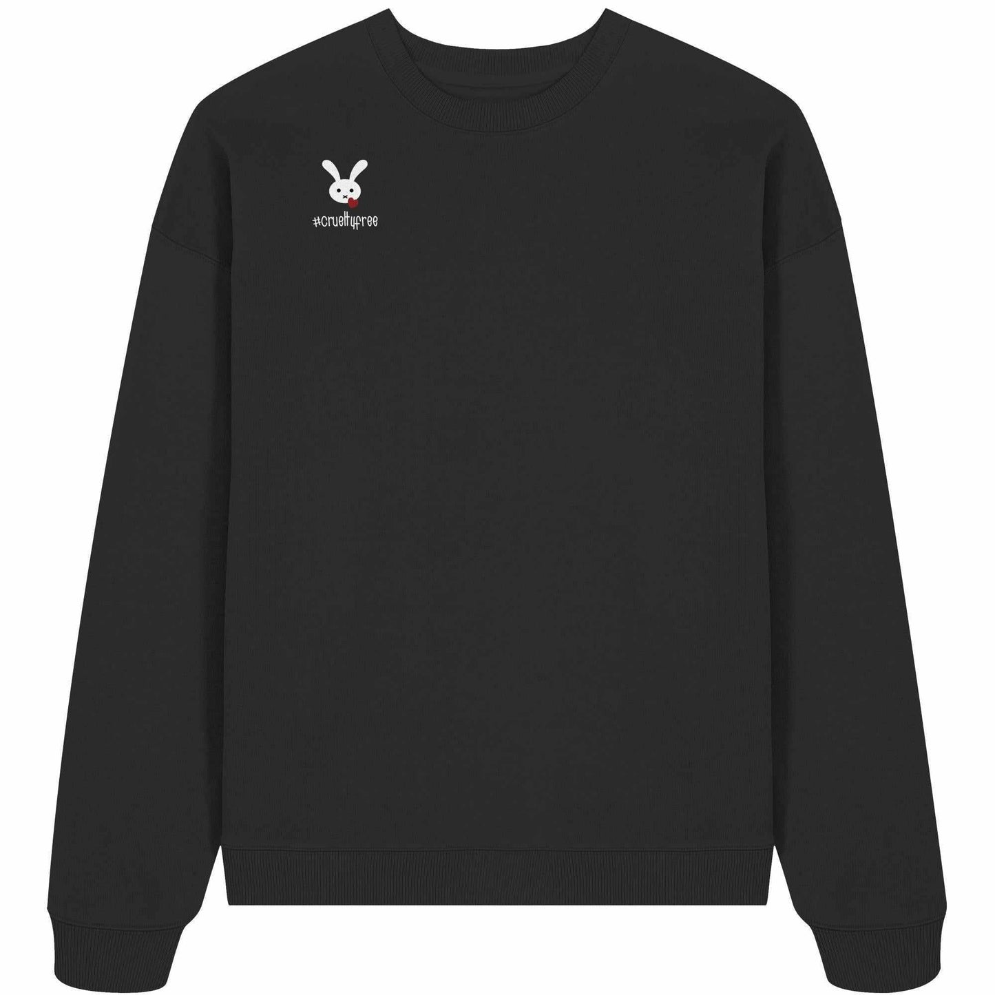 Vegan und Bio Oversized Sweatshirt: Crueltyfree Bunny, zeigt weißen Hasen mit Herz auf schwarzem Hintergrund, 100% Bio-Baumwolle.