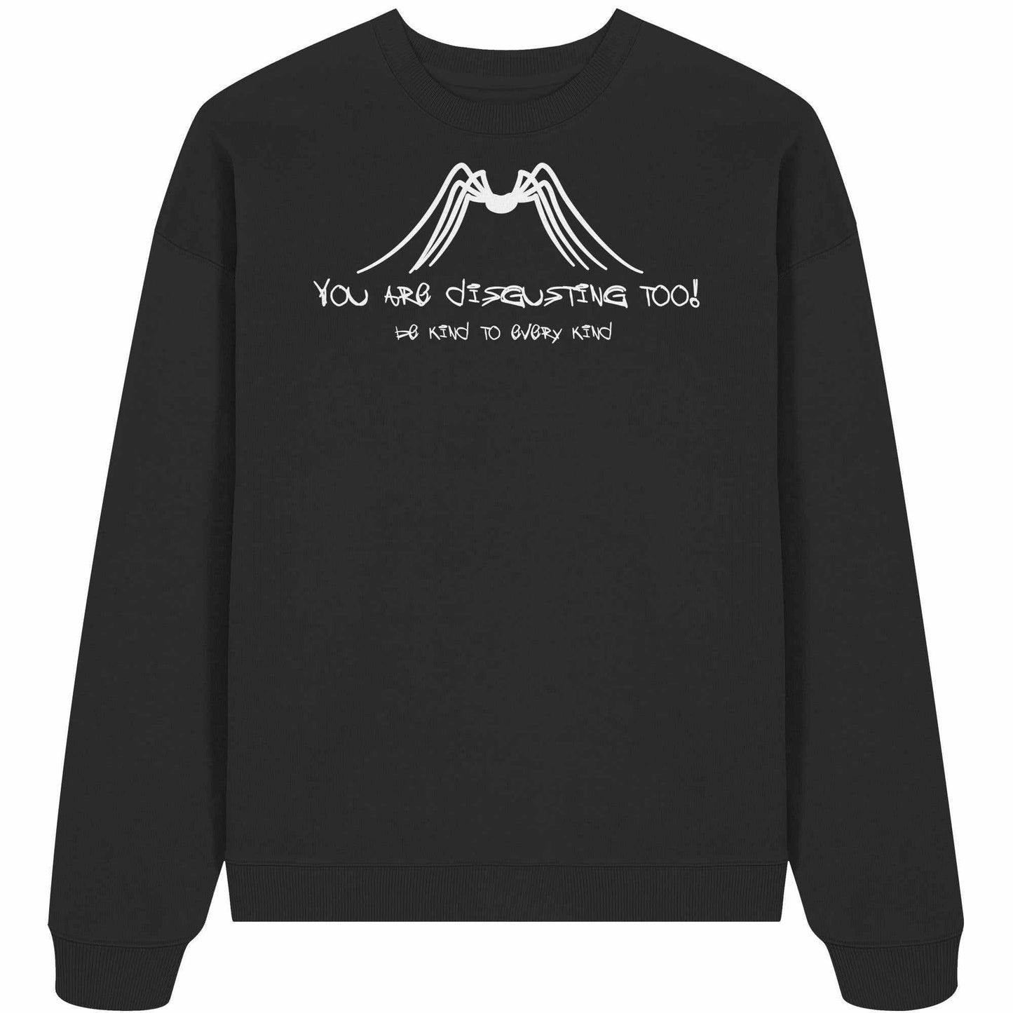 Vegan und Bio Oversized Sweatshirt mit weißem Text und Spinnenmotiv, das Insektenschutz und Tierfreundlichkeit betont. Hergestellt aus 100% Bio-Baumwolle.