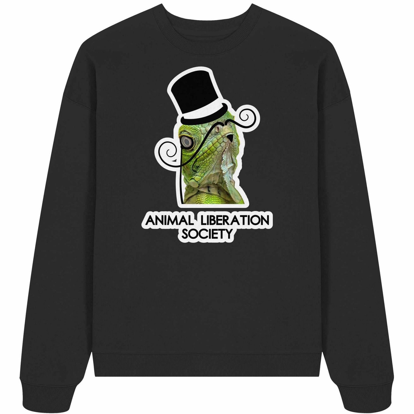 Vegan und Bio Oversized Sweatshirt: Sir Reptile - Animal Liberation Society, zeigt einen eleganten Lizard im Zylinder, thematisiert Tierrechte und besteht aus 100% Bio-Baumwolle.
