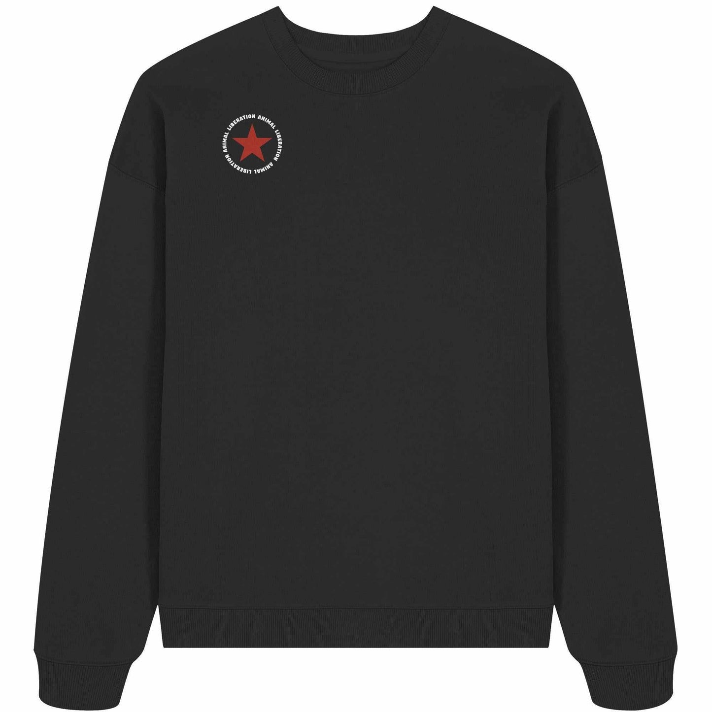 Vegan und Bio Oversized Sweatshirt: Red Star - Animal Liberation, aus schwarzer Bio-Baumwolle, mit rotem Stern-Design, oversized Passform, betont rebellische und nachhaltige Werte.