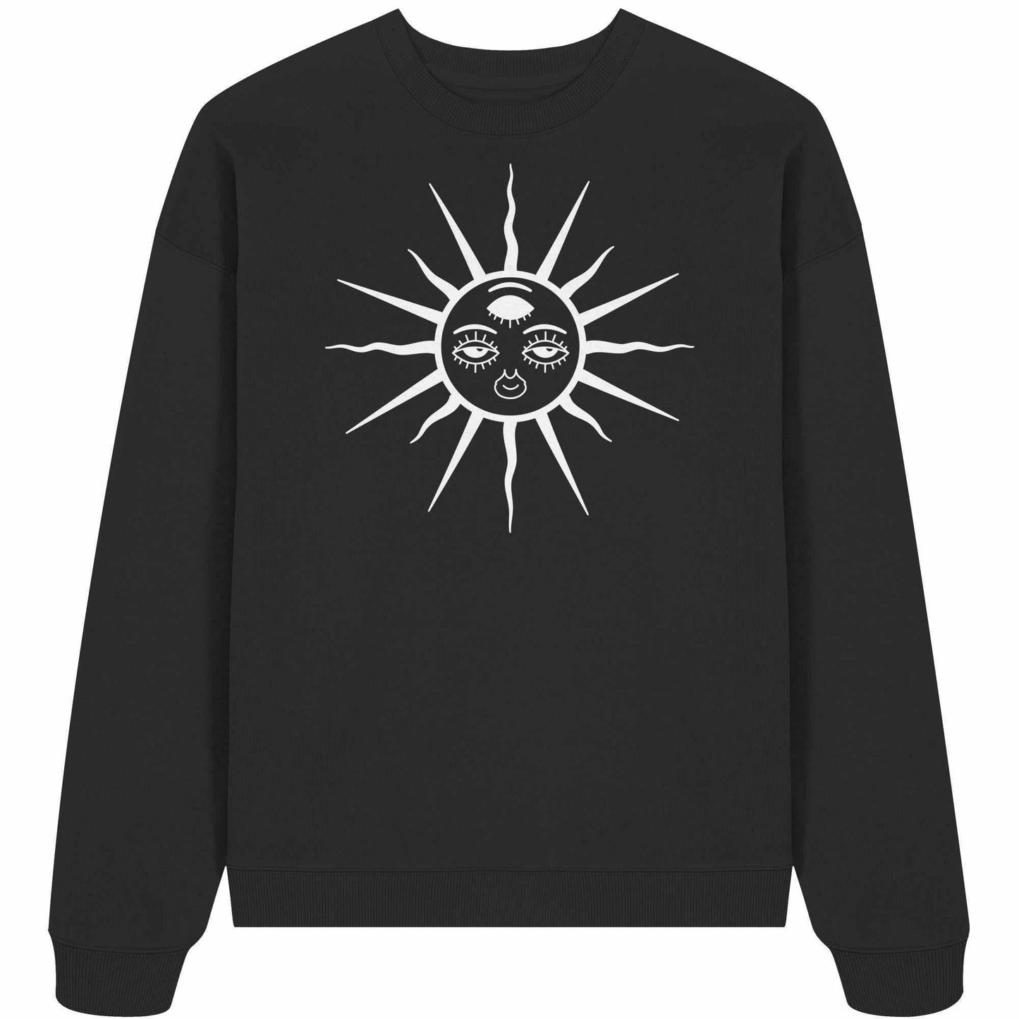 Vegan und Bio Oversized Sweatshirt: The Sun - Third Eye Awakening mit Ethno-Design, zeigt eine Sonne mit Gesicht, perfekt für Goa Raves. Hergestellt aus 100% Bio-Baumwolle.