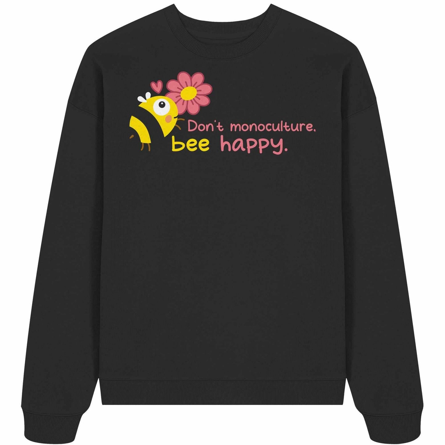 Vegan und Bio Oversized Sweatshirt mit Cartoon-Biene und Blume, 100% Bio-Baumwolle, rebellisches Design von RUDE REBEL, fördert Artenvielfalt und Naturschutz.