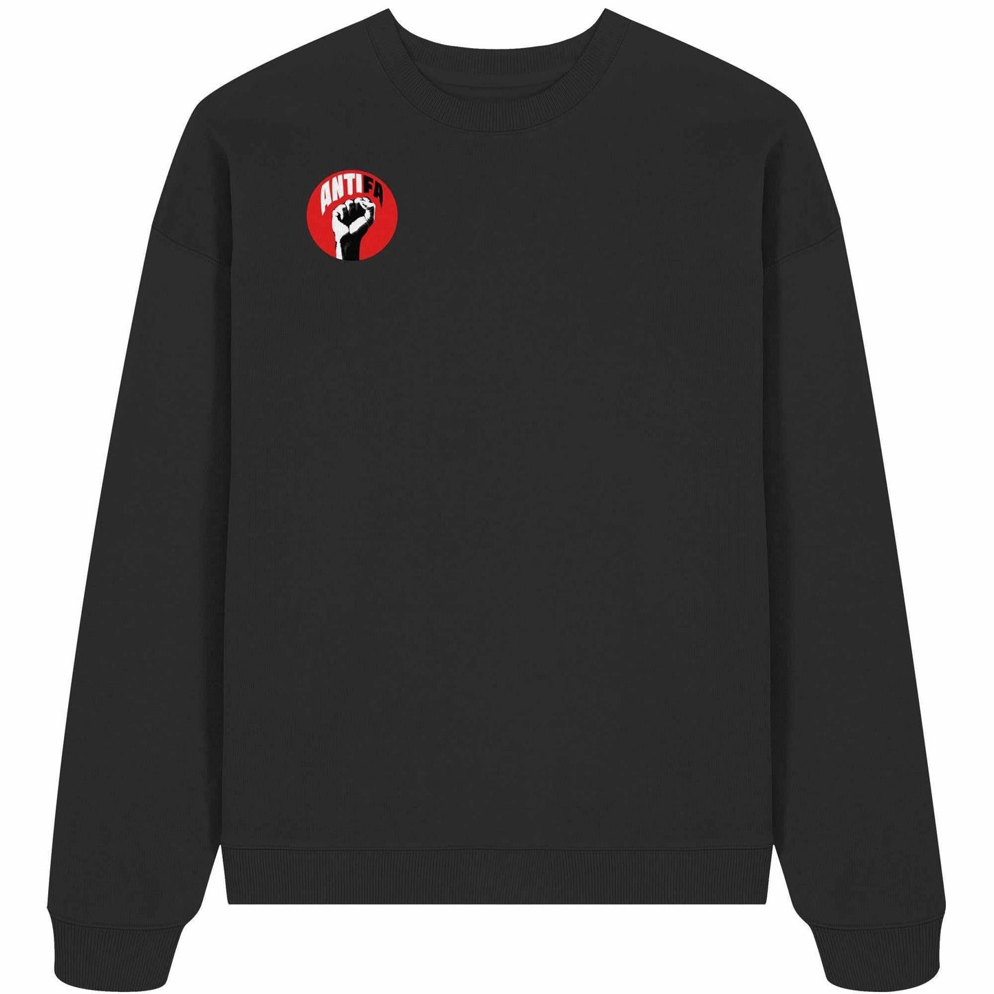 Vegan und Bio Oversized Sweatshirt: Antifa - Gemeinsam gegen Rechts, schwarzer Hoodie mit kämpferischem Design und erhobener Faust, aus 100% Bio-Baumwolle, von RUDE REBEL.