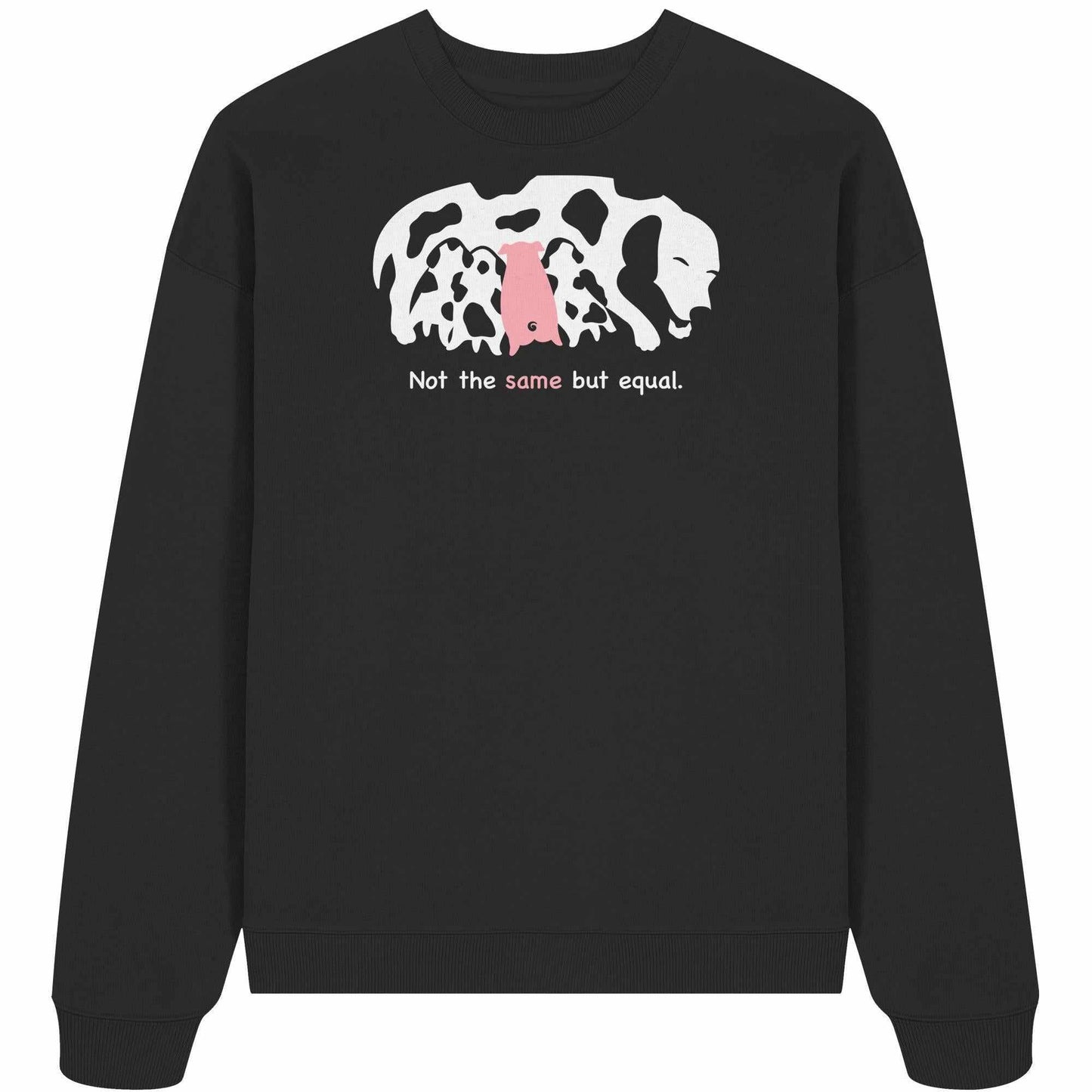 Vegan und Bio Oversized Sweatshirt mit weiß-pinkem Hundemotiv, repräsentiert Tiergleichheit. Hergestellt aus 100% Bio-Baumwolle, ideal für nachhaltige, tierfreundliche Mode.