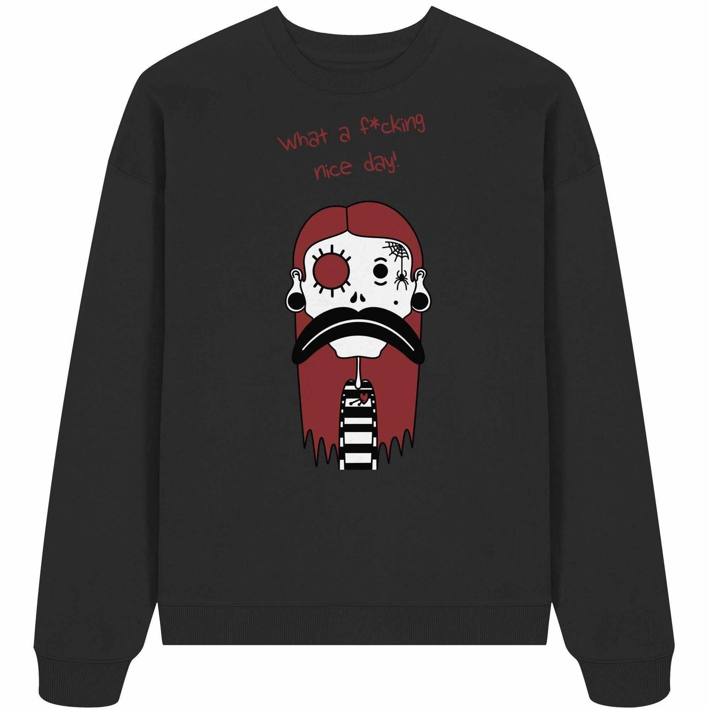 Vegan und Bio Oversized Sweatshirt: Mental health – Bad Day, schwarze Sweatshirt mit Cartoon-Schädel und Schnurrbart, 100% Bio-Baumwolle, rebellisches Design von RUDE REBEL.