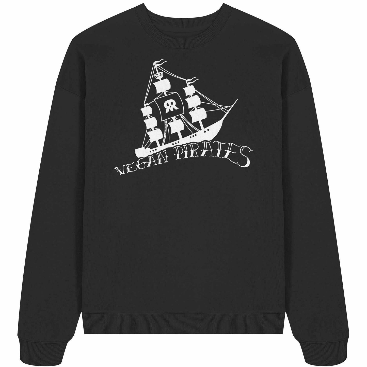 Vegan und Bio Oversized Sweatshirt: Vegan Pirates, schwarzer Pullover mit Piratenschiff-Motiv, aus 100% Bio-Baumwolle, rebellisches Design von RUDE REBEL.