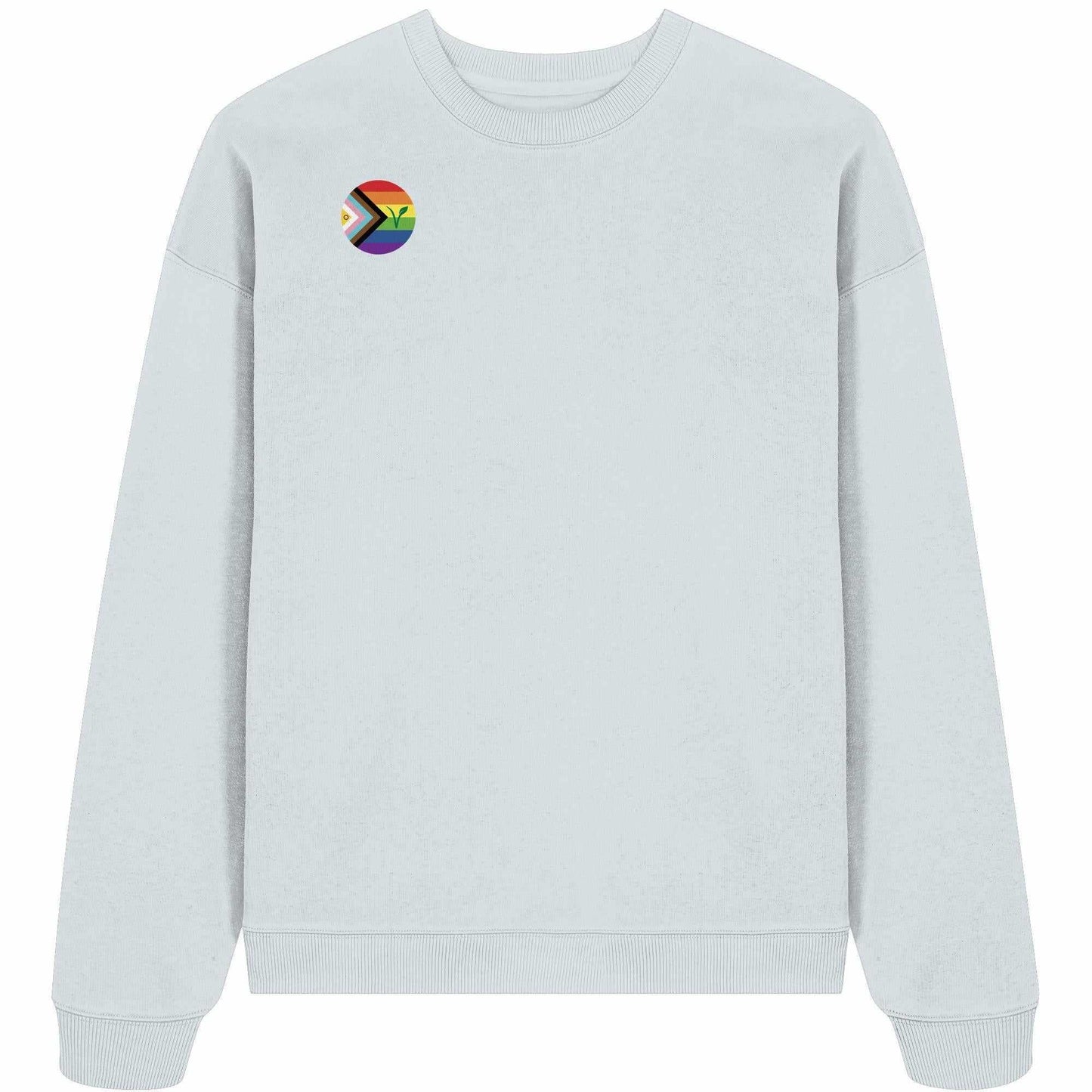 Vegan und Bio Oversized Sweatshirt: LGBTQIA+ VEGAN, weiß mit Regenbogen-Logo und grünem Blatt, aus 100% Bio-Baumwolle, rebellisches Design von RUDE REBEL.