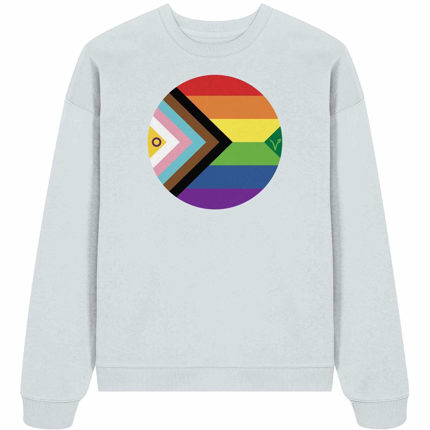 Vegan und Bio Oversized Sweatshirt: LGBTQAI+ Veganismus, mit Regenbogenkreis und geometrischem Design, symbolisiert Freiheit und Tierrechte. Hergestellt aus 100% Bio-Baumwolle.