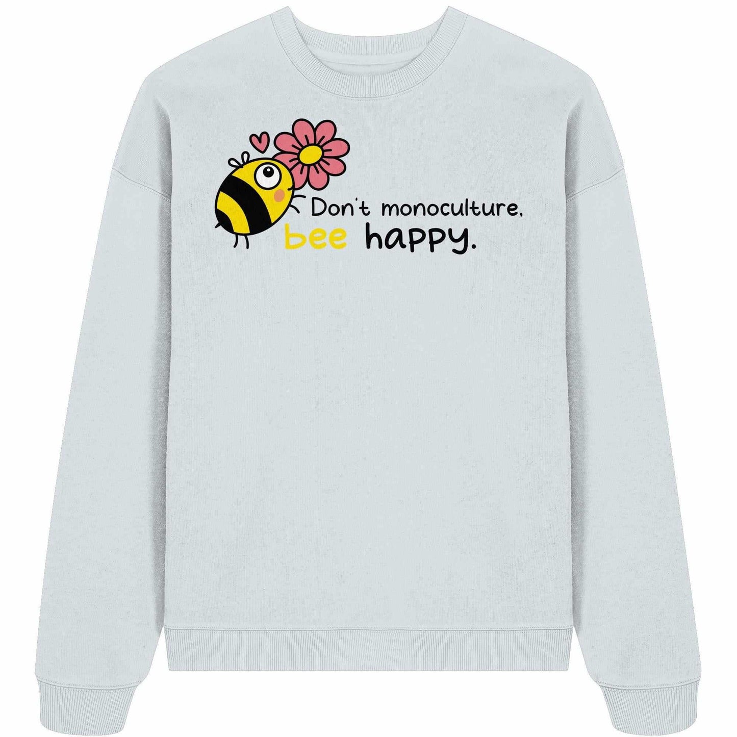 Vegan und Bio Oversized Sweatshirt mit Bienen- und Blumenmotiv, aus 100% Bio-Baumwolle, betont Artenvielfalt und Nachhaltigkeit.