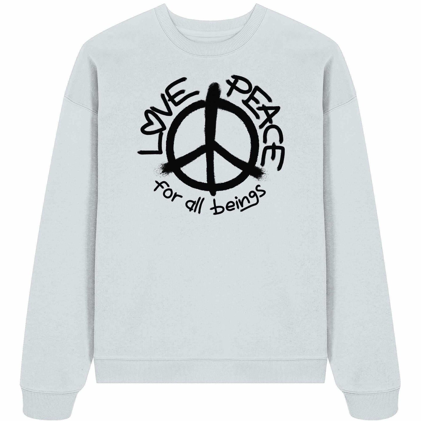 Vegan und Bio Oversized Sweatshirt mit Friedenszeichen, aus 100% Bio-Baumwolle, lockerer Schnitt, symbolisiert Liebe und Frieden für alle Lebewesen.