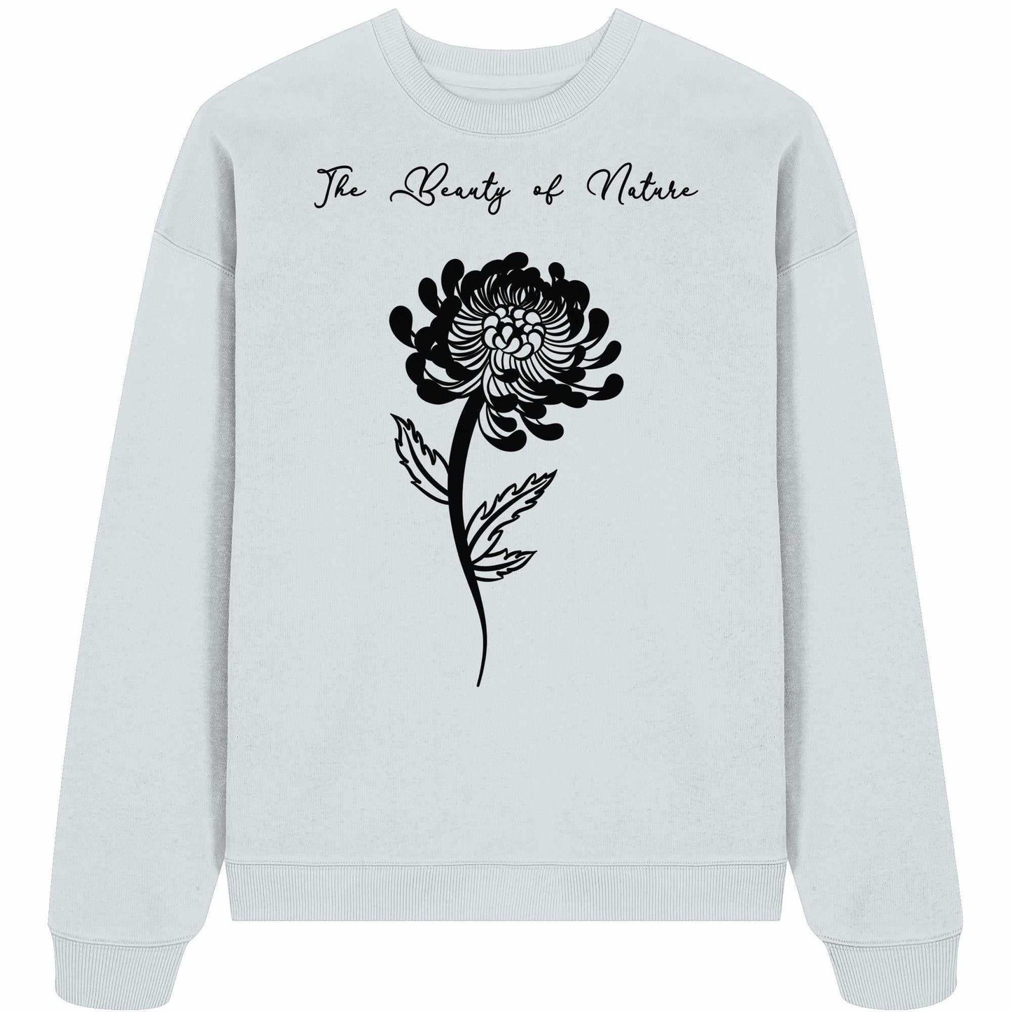 Vegan und Bio Oversized Sweatshirt: Chrysantheme, weiß mit schwarzer Blume, aus 100% Bio-Baumwolle. Nachhaltiges Design von RUDE REBEL, ideal für Naturschutz-Enthusiasten.