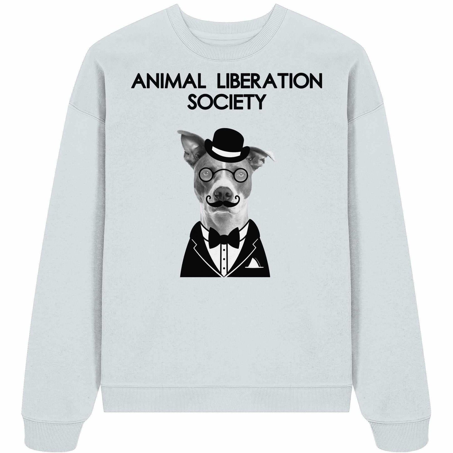 Vegan und Bio Oversized Sweatshirt: Mr. Dog - Animal Liberation Society mit Hundemotiv, Brille, Schnurrbart und Fliege, aus 100% Bio-Baumwolle, rebellisches Tierrechtsdesign.
