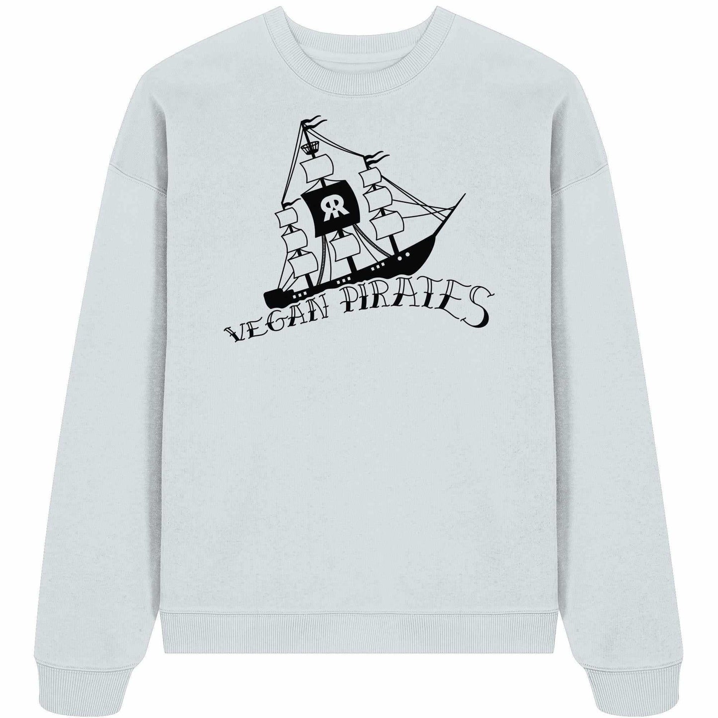 Vegan und Bio Oversized Sweatshirt: Vegan Pirates, zeigt ein Cartoon-Piratenschiff-Design auf einem weißen Sweatshirt aus 100% Bio-Baumwolle, passend zu RUDE REBELs nachhaltiger, rebellischer Mode.