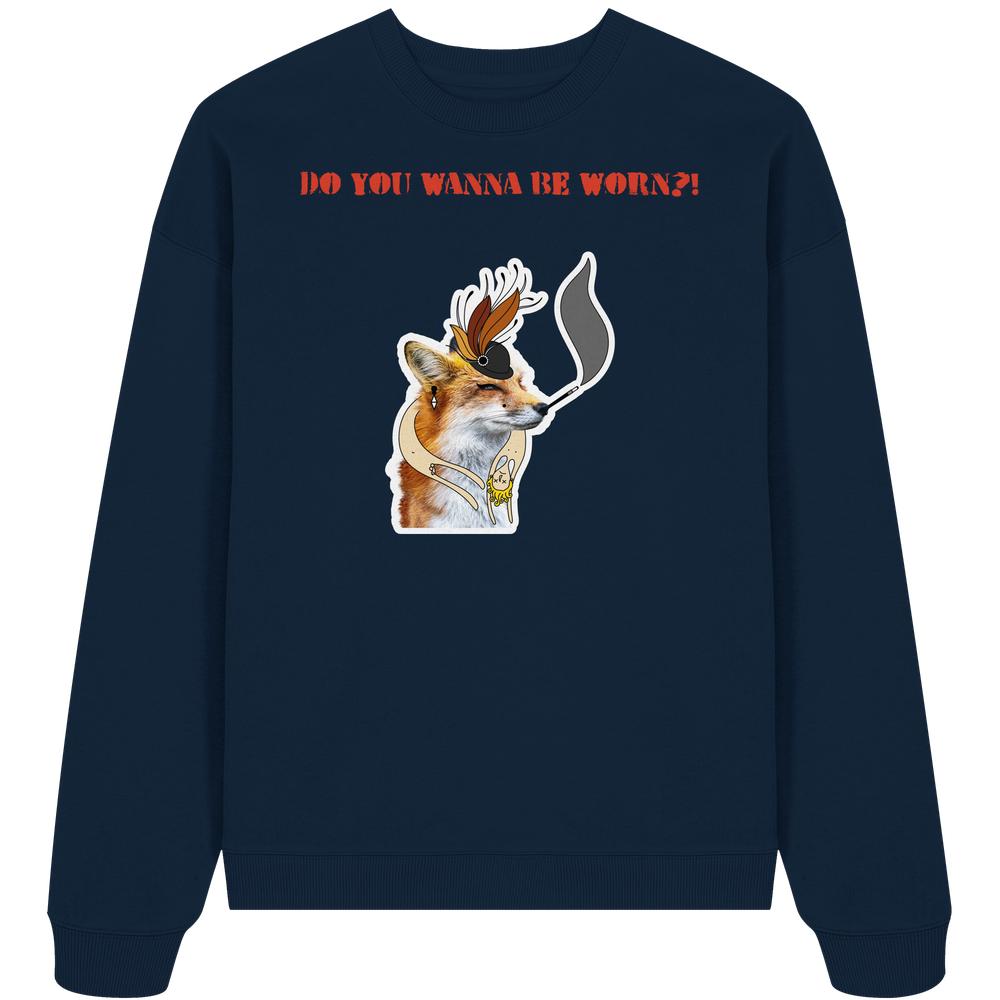 Vegan und Bio Oversized Sweatshirt mit Mrs. Fox-Motiv und Hut, aus 100% Bio-Baumwolle, symbolisiert Tierrechte und Nachhaltigkeit.
