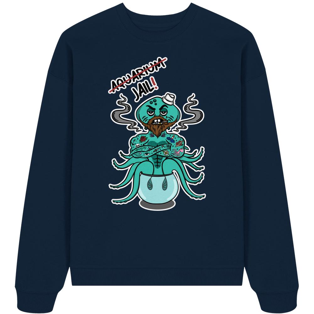 Vegan und Bio Oversized Sweatshirt: Animal Rights - Aquarium=Jail! mit Cartoon-Oktopus im Fischglas, der für Tierrechte wirbt; 100% Bio-Baumwolle, rebellisches Design.