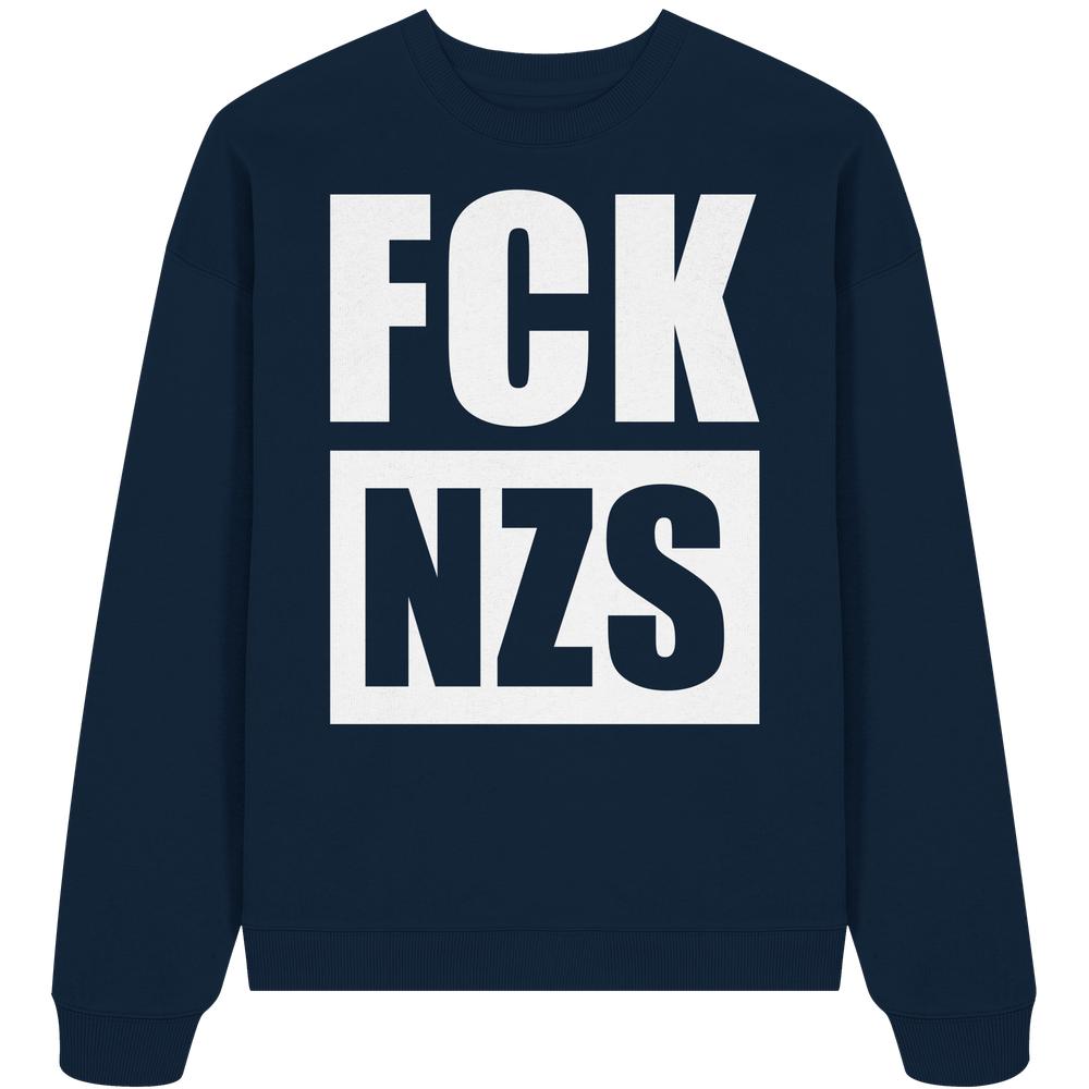 Vegan und Bio Oversized Sweatshirt: FCK NZS, navy, mit weißem Anti-Nazi-Druck, aus 100% Bio-Baumwolle, oversized Schnitt, nachhaltiges Design von RUDE REBEL.