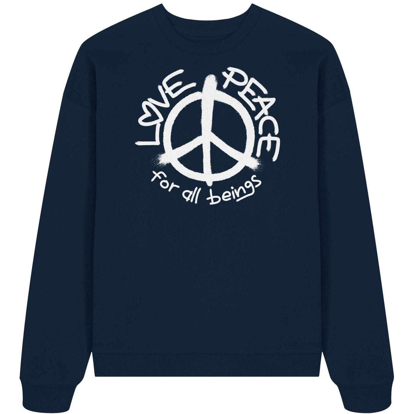 Vegan und Bio Oversized Sweatshirt mit Friedenssymbol, aus 100% Bio-Baumwolle, oversize Schnitt, repräsentiert Liebe und Frieden für alle Lebewesen.