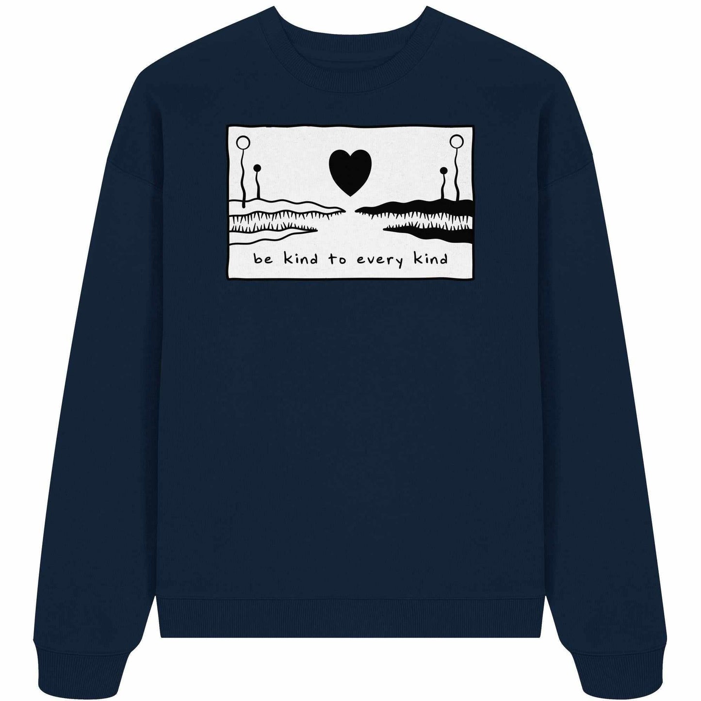 Vegan und Bio Oversized Sweatshirt: Be kind to every kind, mit Herz- und Alligatorgrafik, aus 100% Bio-Baumwolle, rebellisches Design von RUDE REBEL.