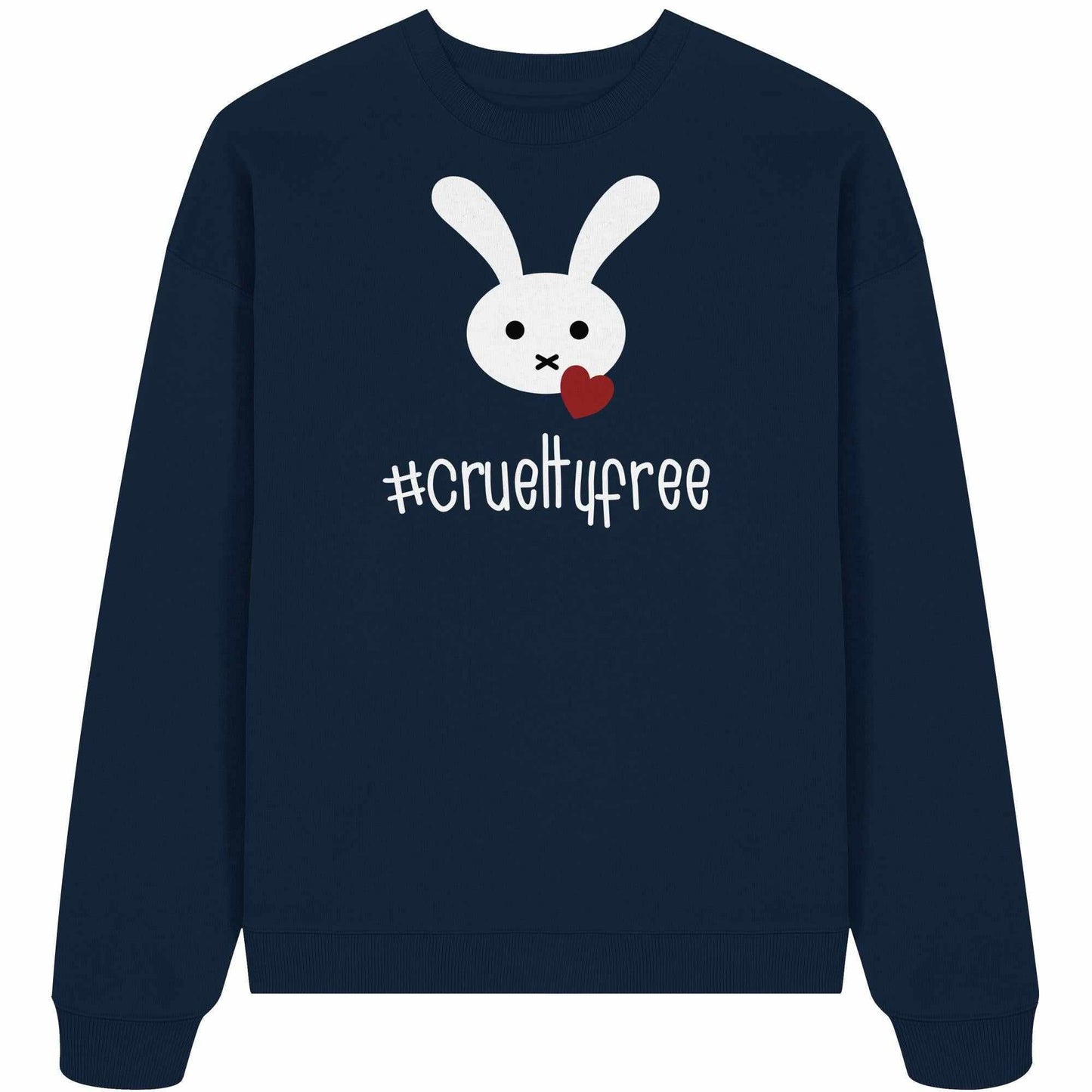 Vegan und Bio Oversized Sweatshirt mit weißem Kaninchenmotiv und Herz. Hergestellt aus 100% Bio-Baumwolle, betont Tierschutz und nachhaltige Mode.
