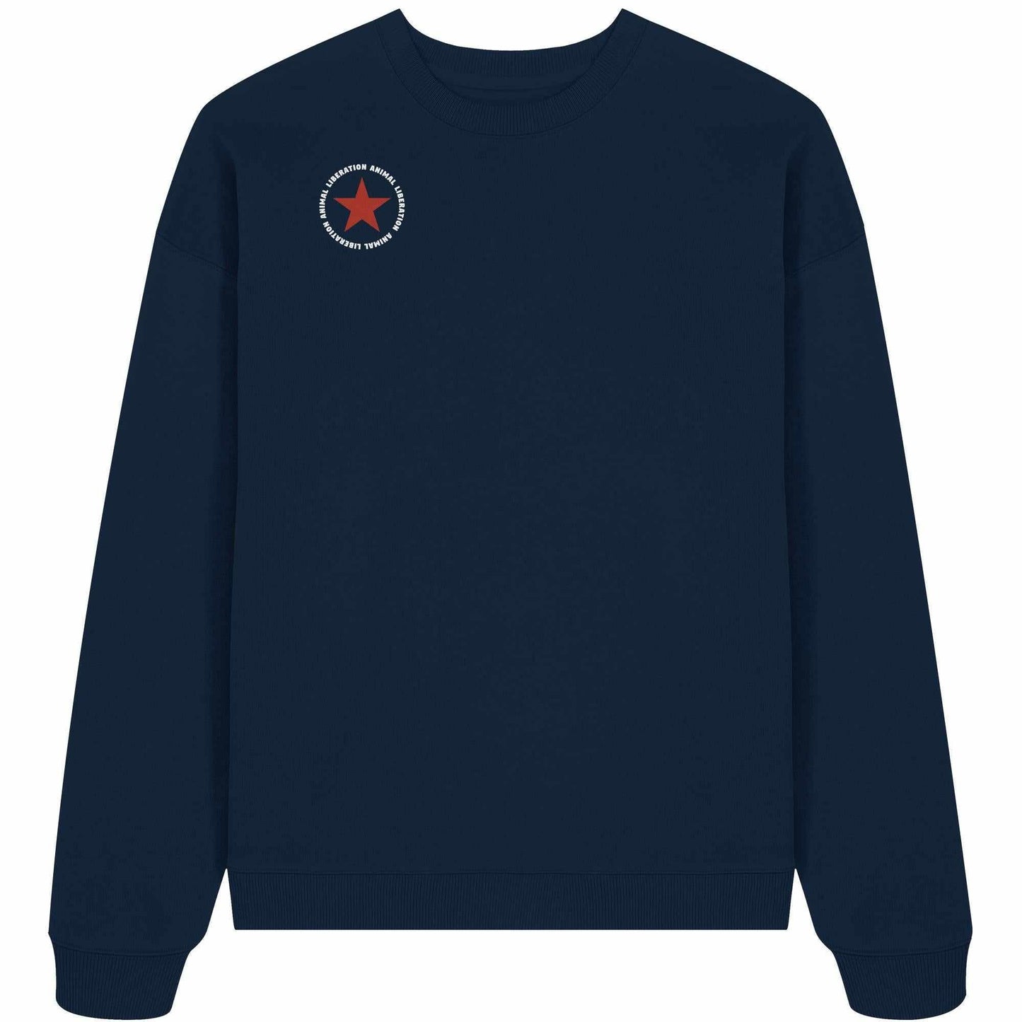 Vegan und Bio Oversized Sweatshirt: Red Star - Animal Liberation, blau mit rotem Sternmotiv, aus 100% Bio-Baumwolle, oversized Schnitt, ideal für nachhaltige Mode.