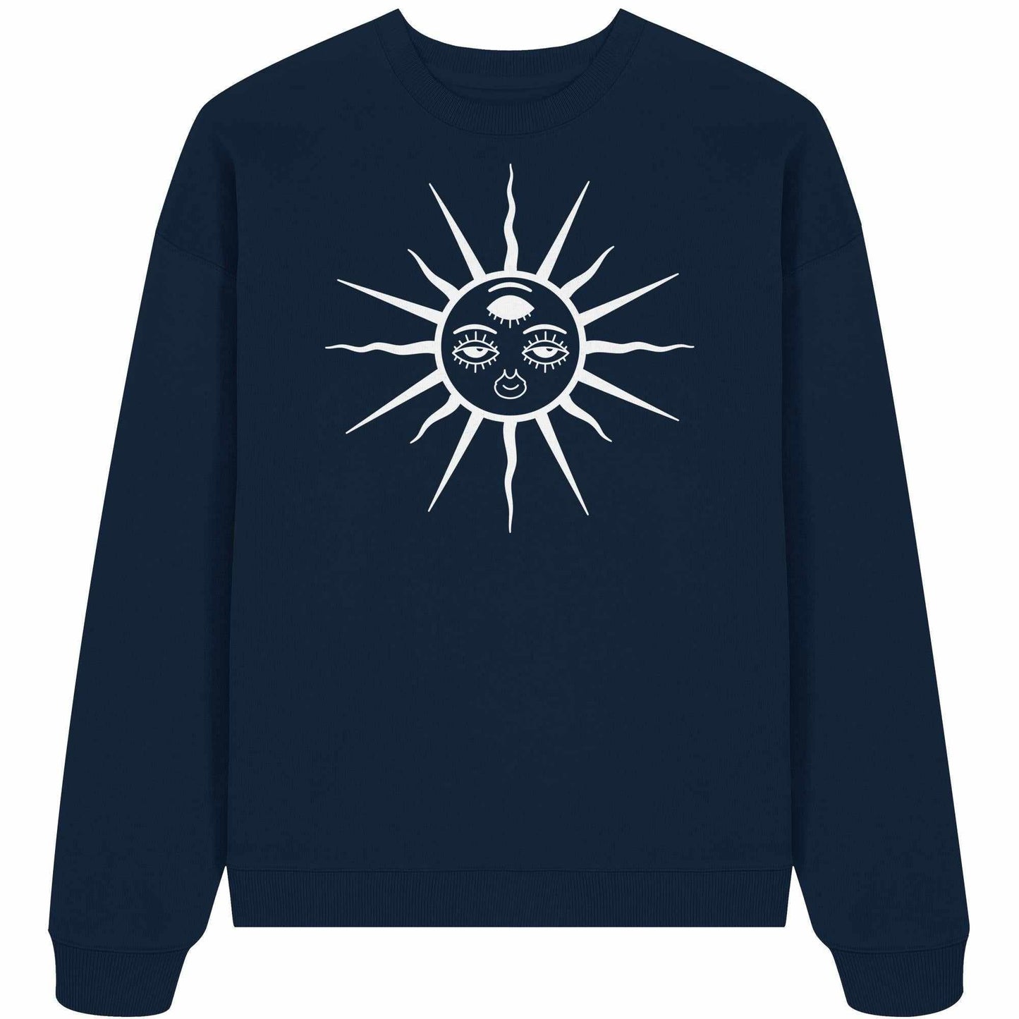 Vegan und Bio Oversized Sweatshirt mit Sonnen- und Gesichtsdesign, ideal für Goa-Raves, aus 100% Bio-Baumwolle, von RUDE REBEL.