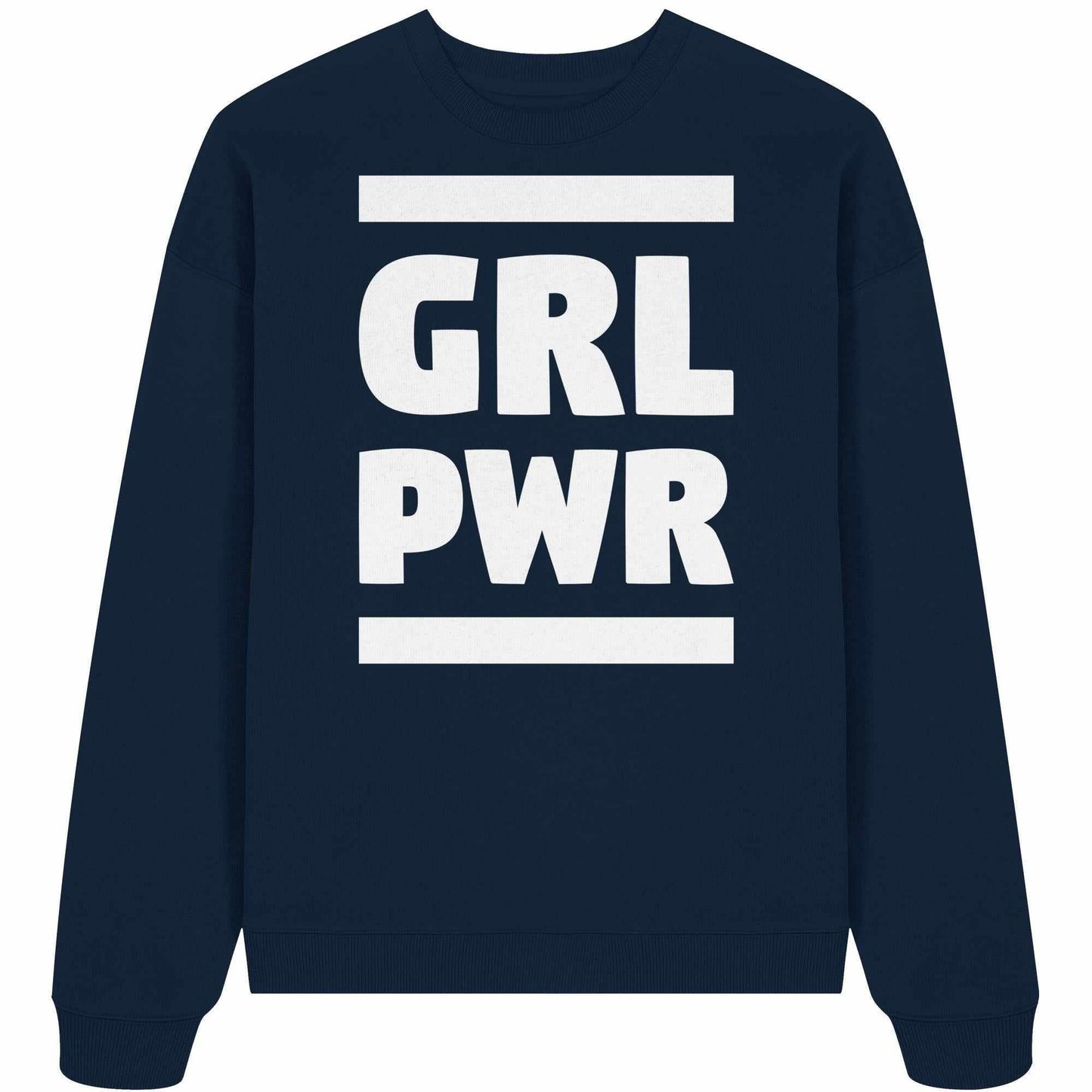 Vegan und Bio Oversized Sweatshirt: GIRL POWER, blau mit weißem feministischen Text, aus 100% Bio-Baumwolle, oversized geschnitten, von RUDE REBEL.