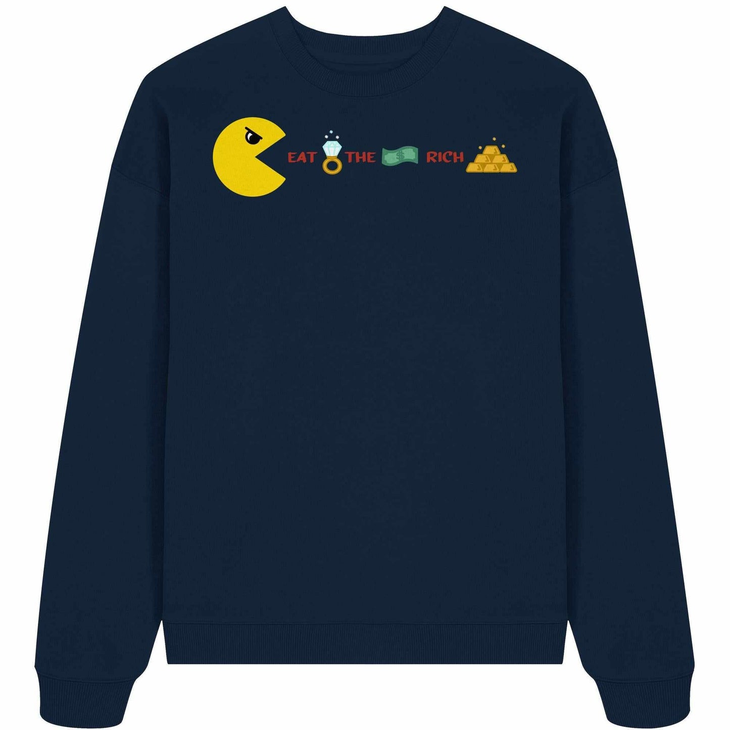 Vegan und Bio Oversized Sweatshirt: PAC-MAN - Eat the rich, mit gelbem Pac-Man-Motiv und Text. Hergestellt aus 100% Bio-Baumwolle, rebellisches Design von RUDE REBEL.